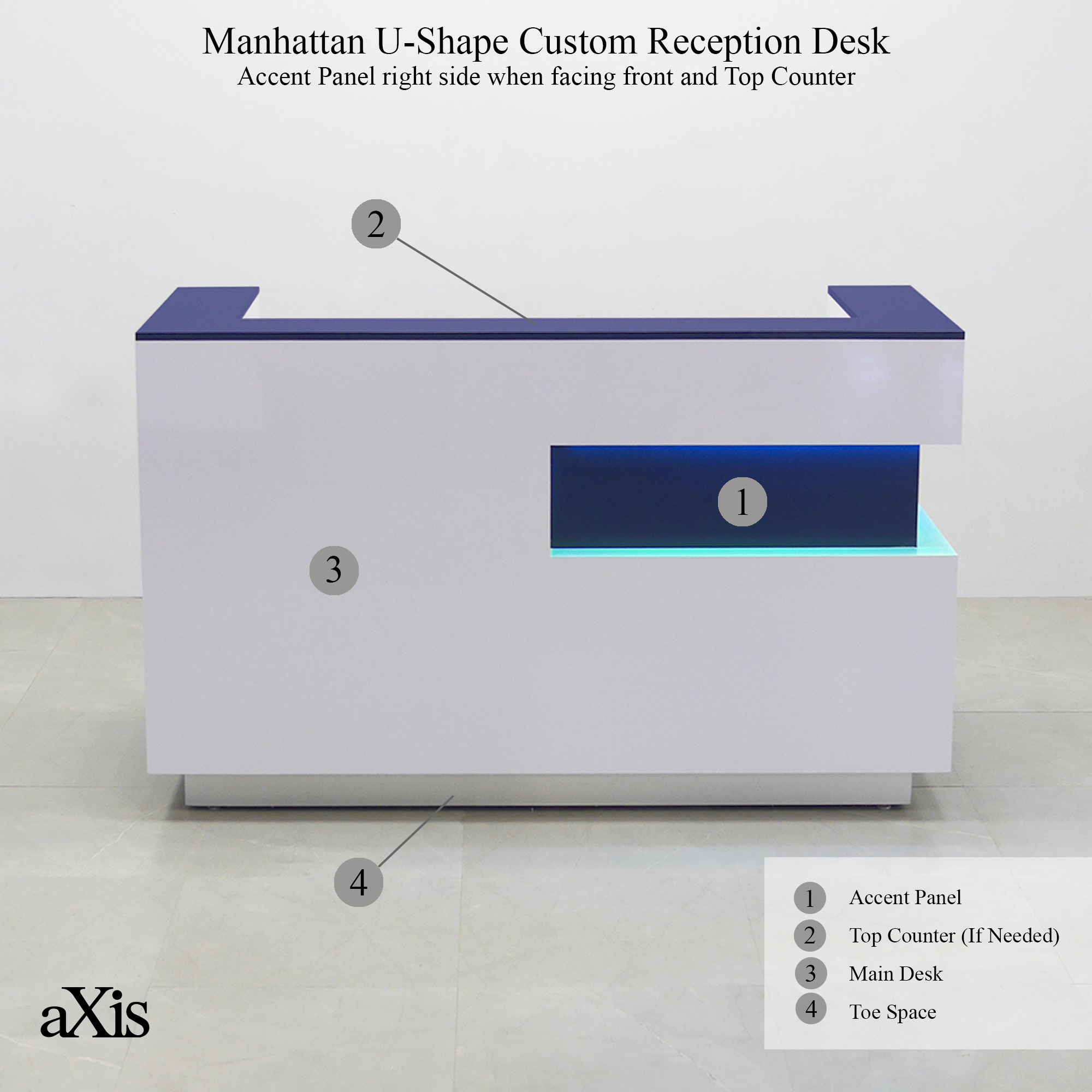 Manhattan U-Shape Custom Reception Desk in navy blue laminate accent panel and top counter, and white matte laminate main desk, with multi-colored LED shown here.