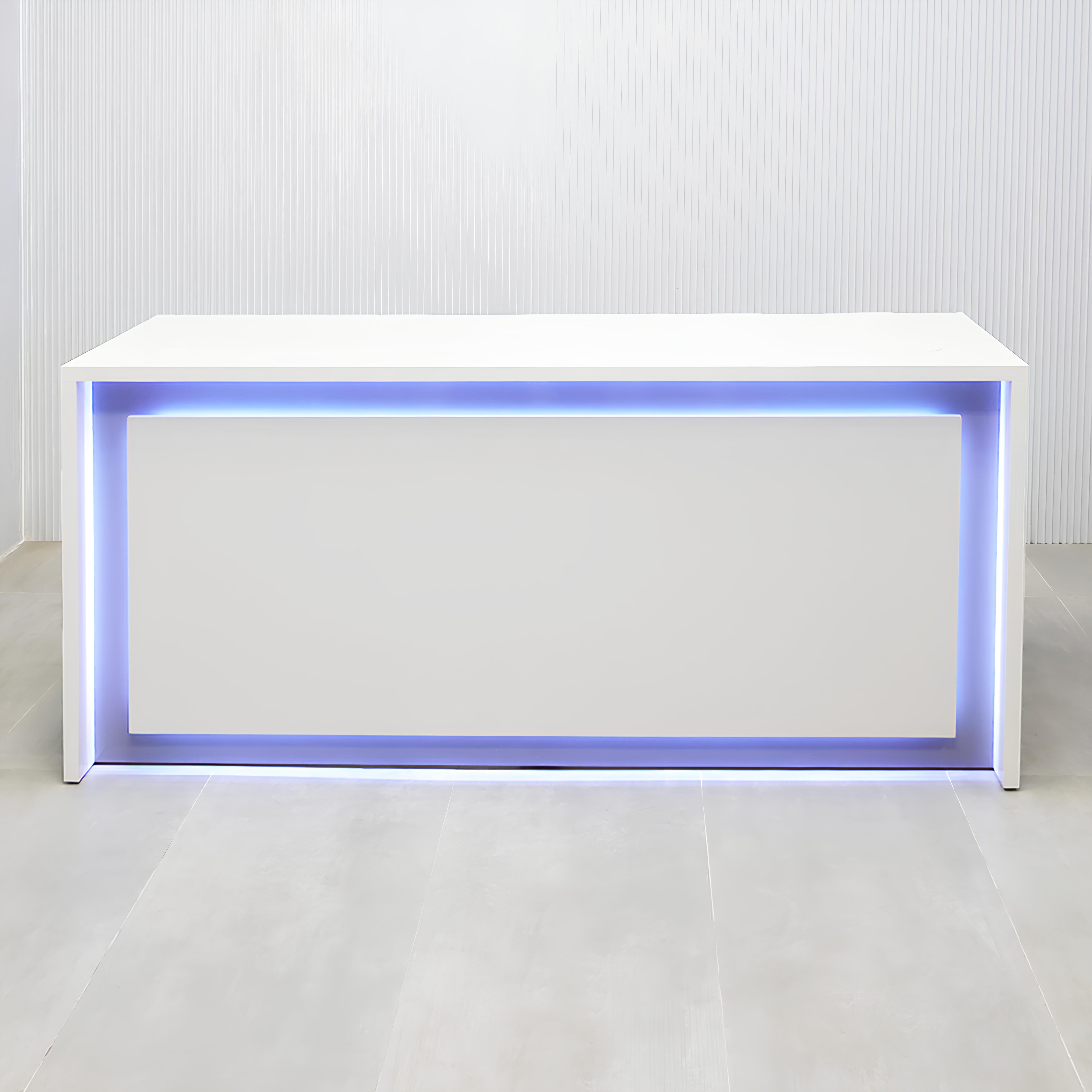 90-inch New York Straight Retail Custom Reception Desk in dover off-white matte Laminate desk and color-changing LED.