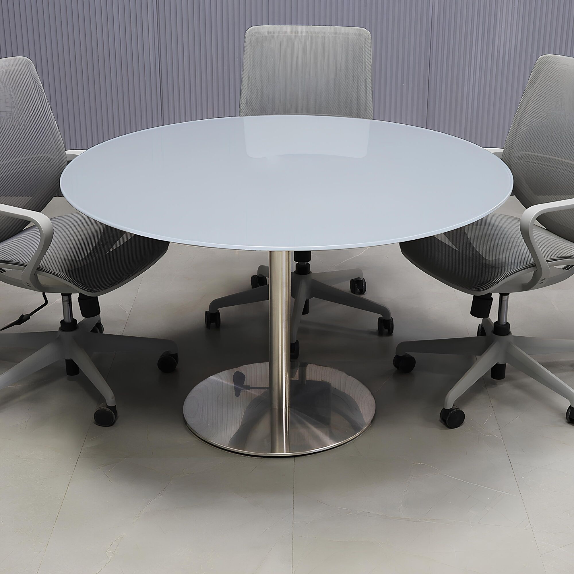 48-inch California Round Conference Table with 1/2-inch light gray tempered glass top and silver metal powder-coated base.