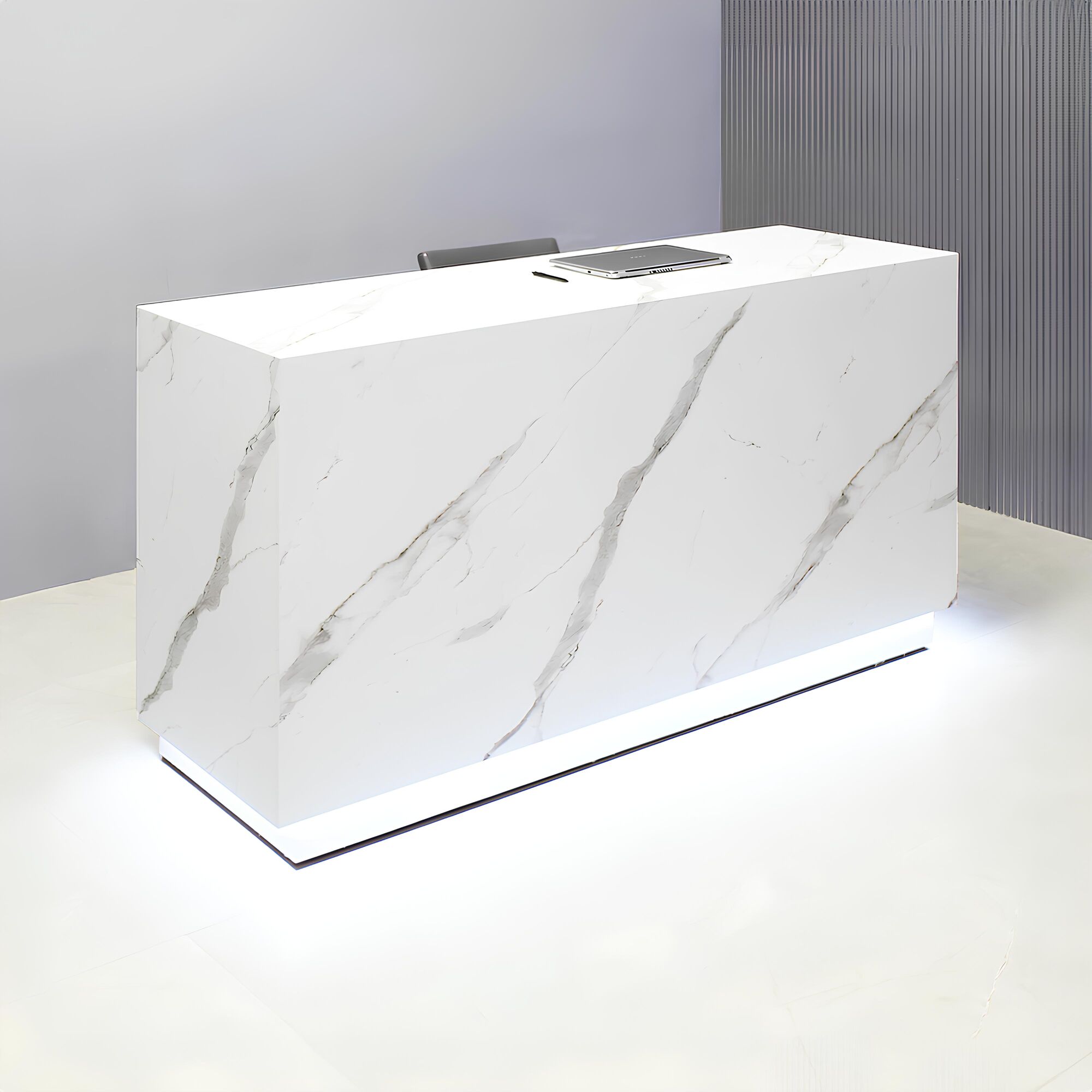 72-inch Houston Custom Reception Desk in calcutta stone pvc main desk and brushed aluminum toe-kick, with white LED, shown here.