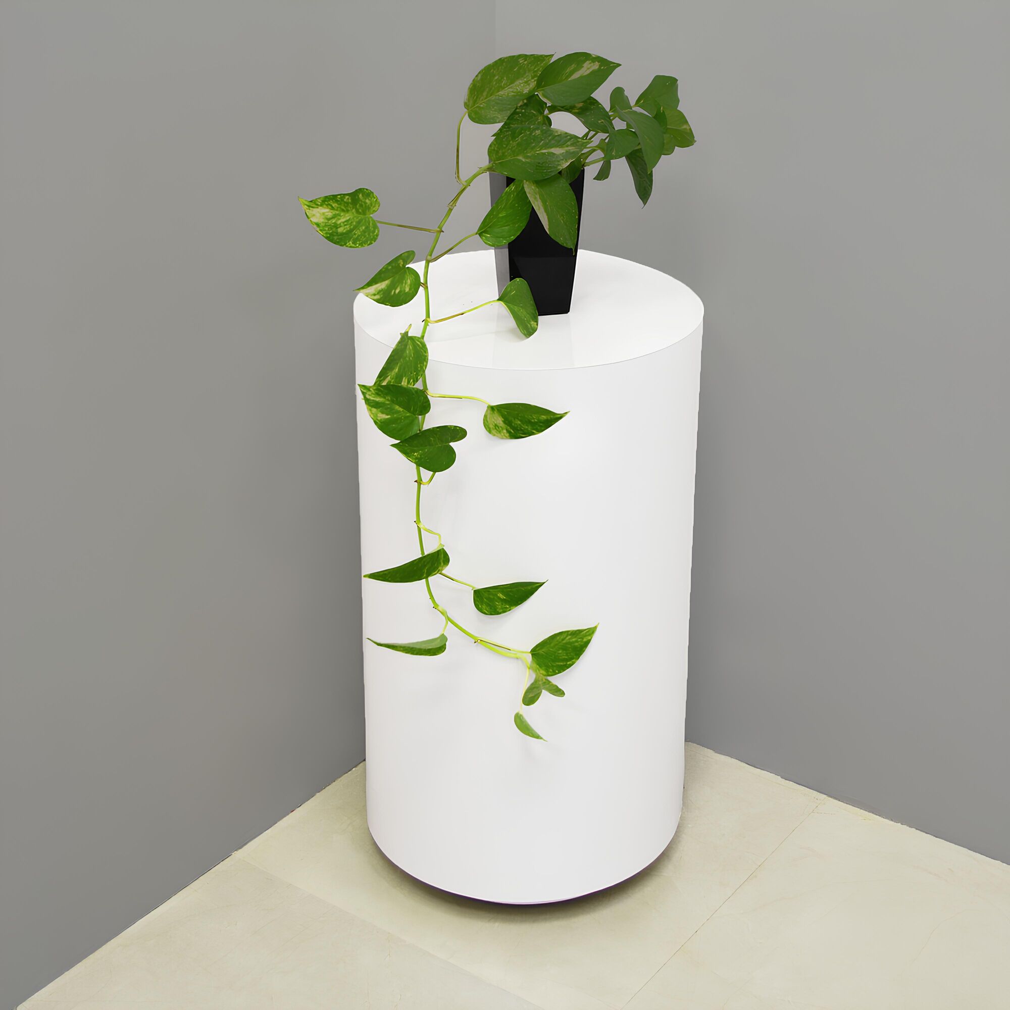 16-inch Norfolk Round Loby Pedestal Lobby Table in white matte laminate top and side table.