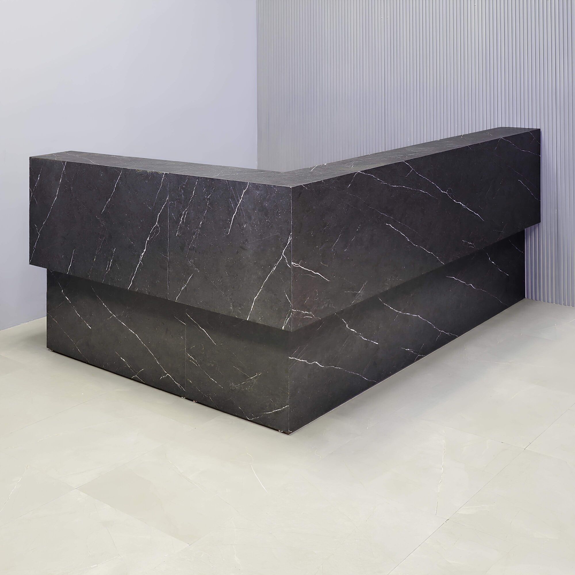 90X70-inch San Francisco Large L-Shape Custom Reception Desk, black stone PVC Desk, counter, and storage.