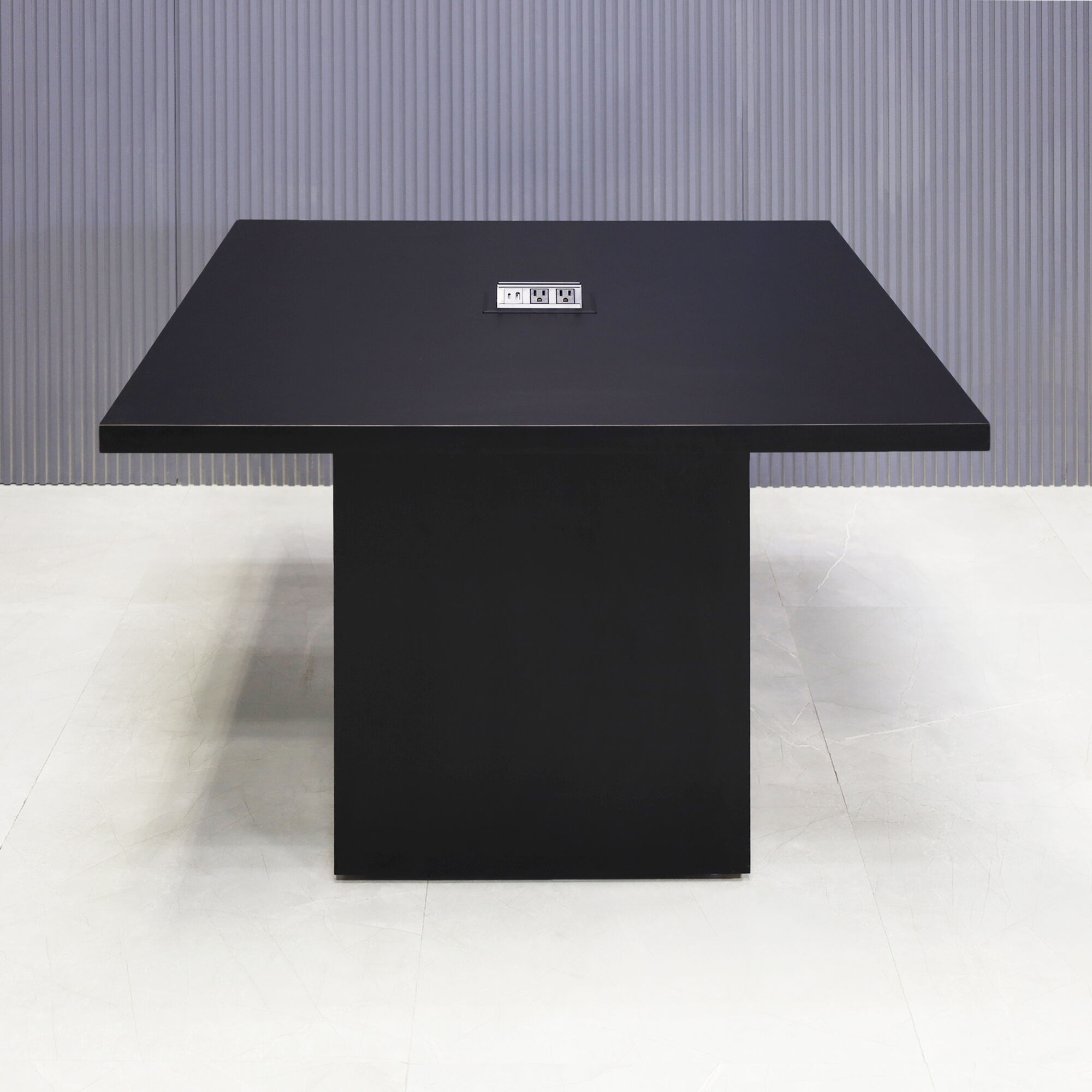 Newton Square Conference Table in black matte laminate top & base, with silver power box.