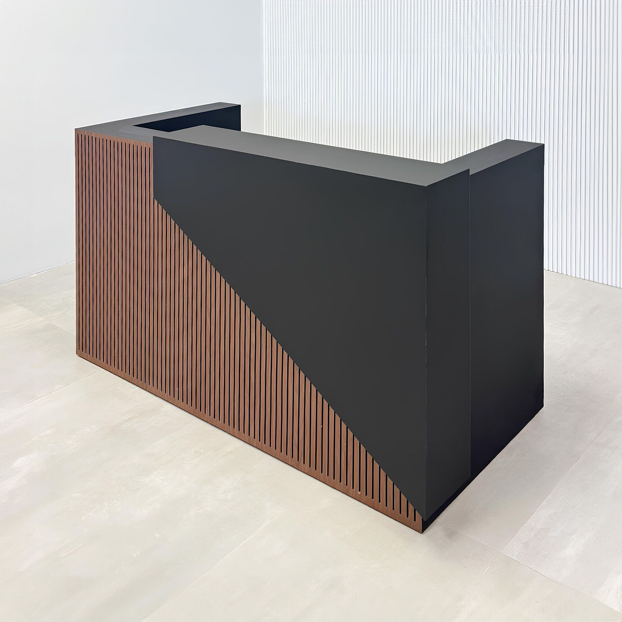 72-inch Miami Reception Desk with black traceless laminate counter workspace, walnut wood veneer & black background front, black traceless laminate storage, and colored LED.