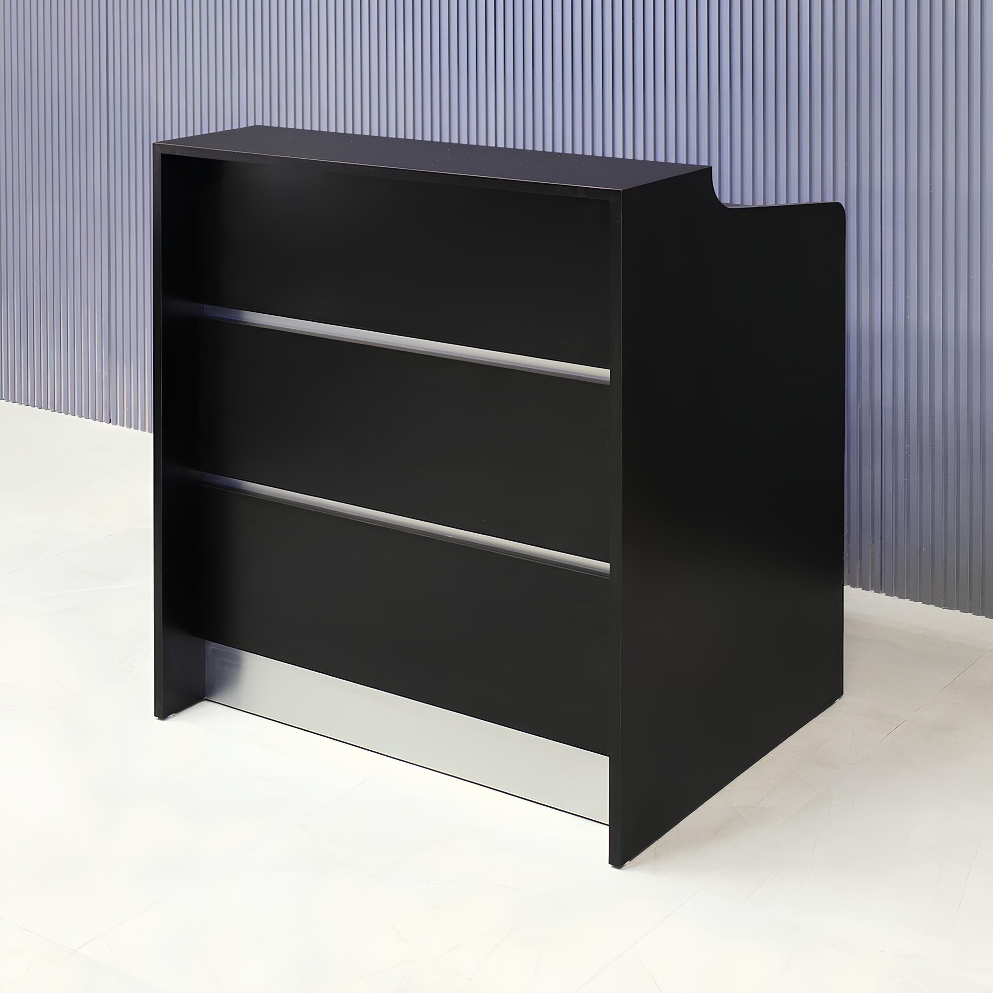 36-inch New Jersey Podium & Host Custom Reception Desk in black matte laminate main desk & front panels, and brushed aluminum accent & toe-kick.