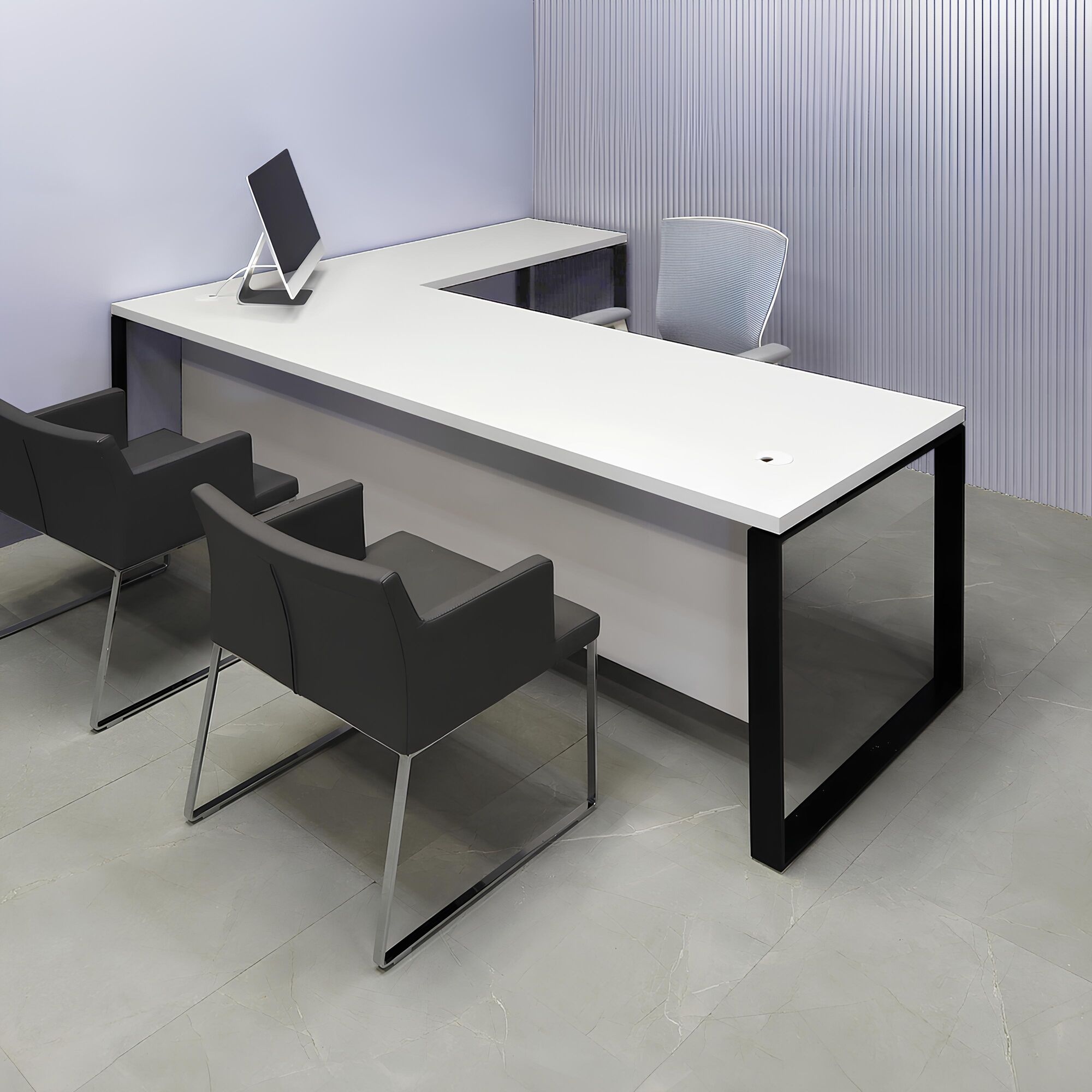 90-inch Aspen L-Shape Executive Desk With Laminate Top, right side return when sitting, in white matte laminate top & privacy panel, and black metal legs, shown here.