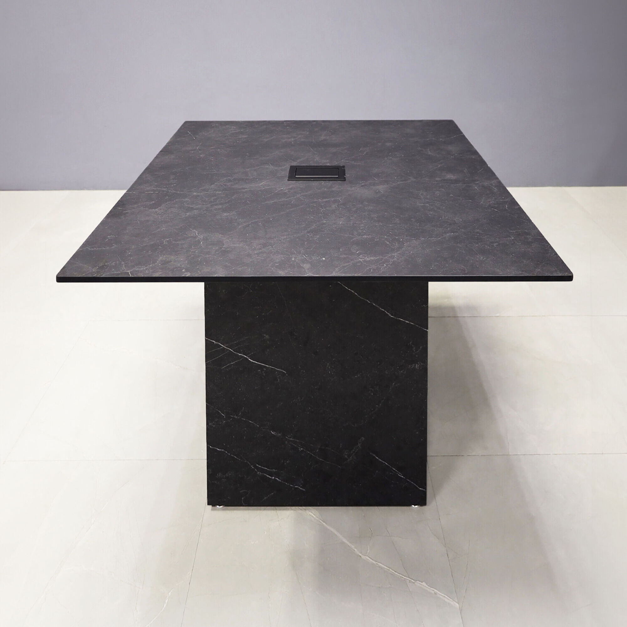 42x42-inch Aurora Square Conference Table with black amani engineered surface top, black stone PVC Base, Mx2 power box in black.
