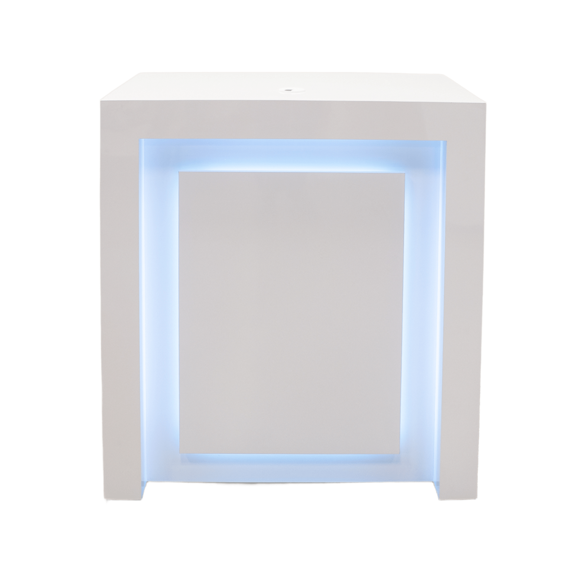 40-inch New York Retail Custom Reception Desk in white gloss laminate desk, and color changing LED.