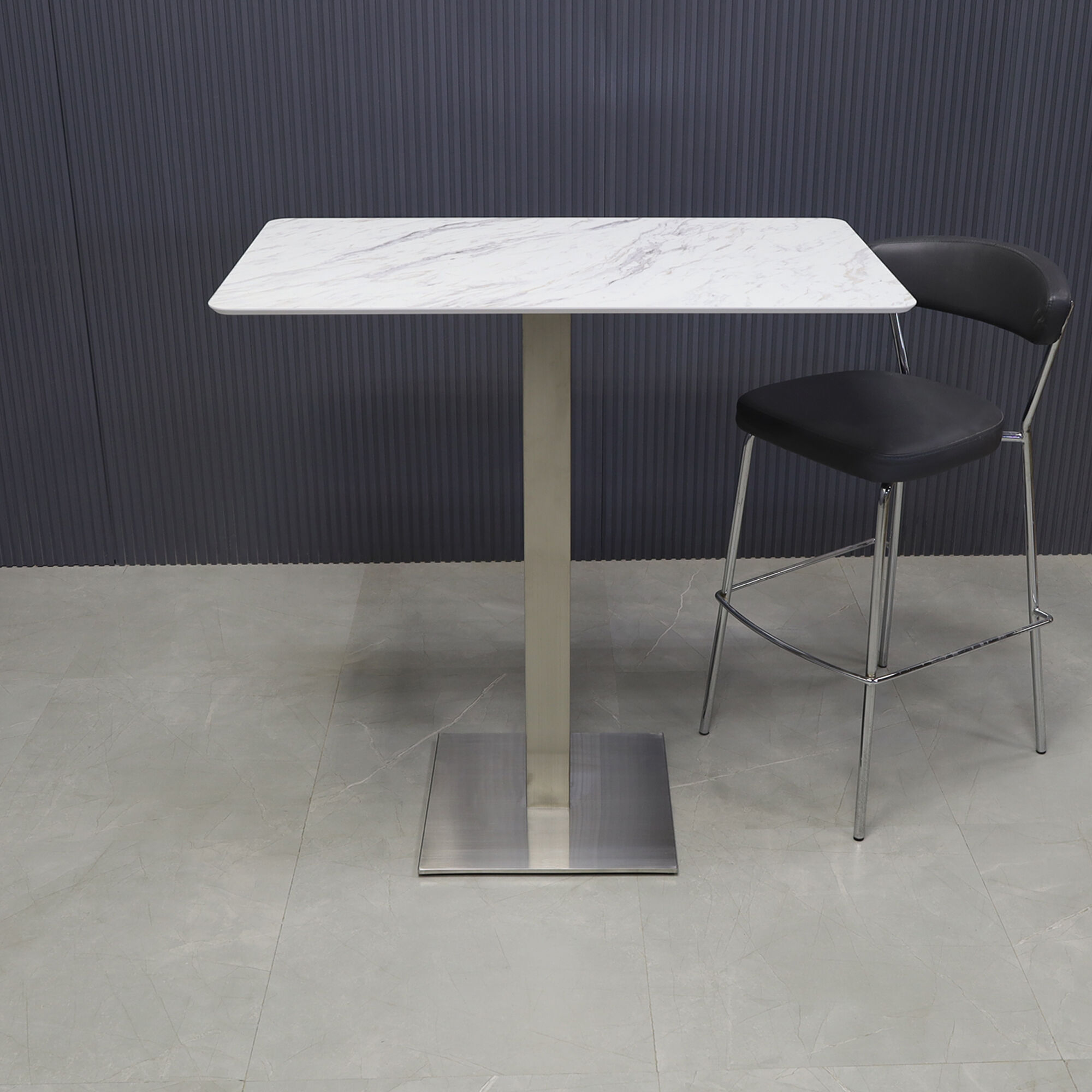 41-inch California Rectangular Bar Table in 1/2-inch calcutta blanc engineered surface top and brushed stainless steel base.