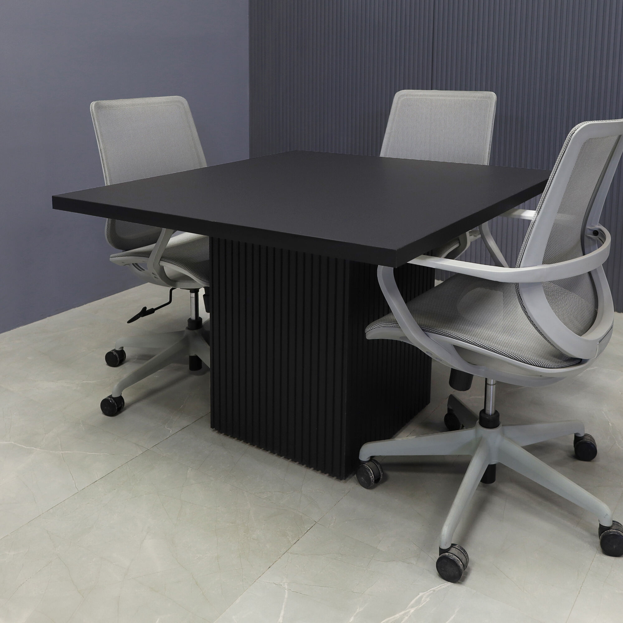 42-inch Newton Square Shape Conference Table in black traceless laminate top and black traceless tambour base.