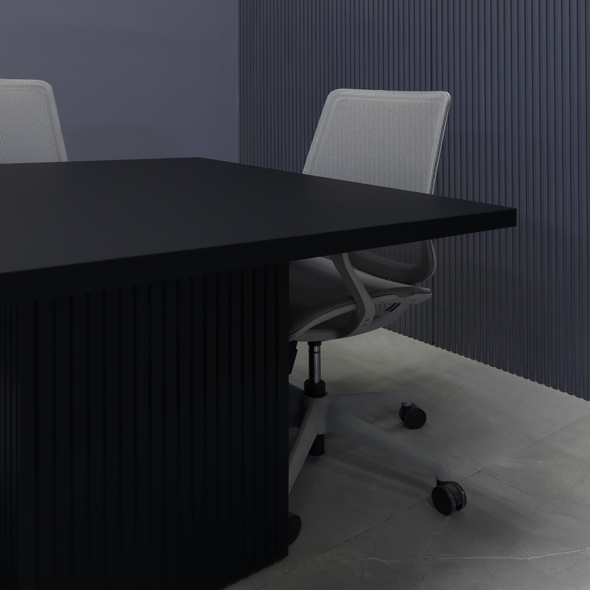 42-inch Newton Square Conference Table in black traceless laminate top and black traceless tambour base, shown here.