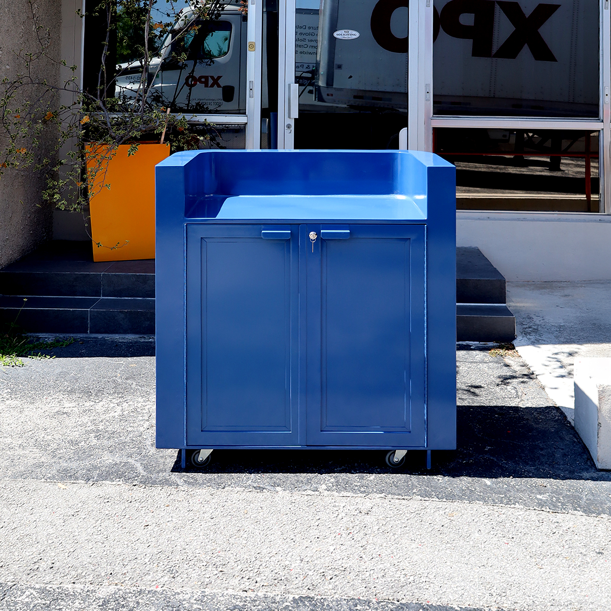 42-inch Valet Podium & Host Desk in Blue Metal Powder-Coated Finish.