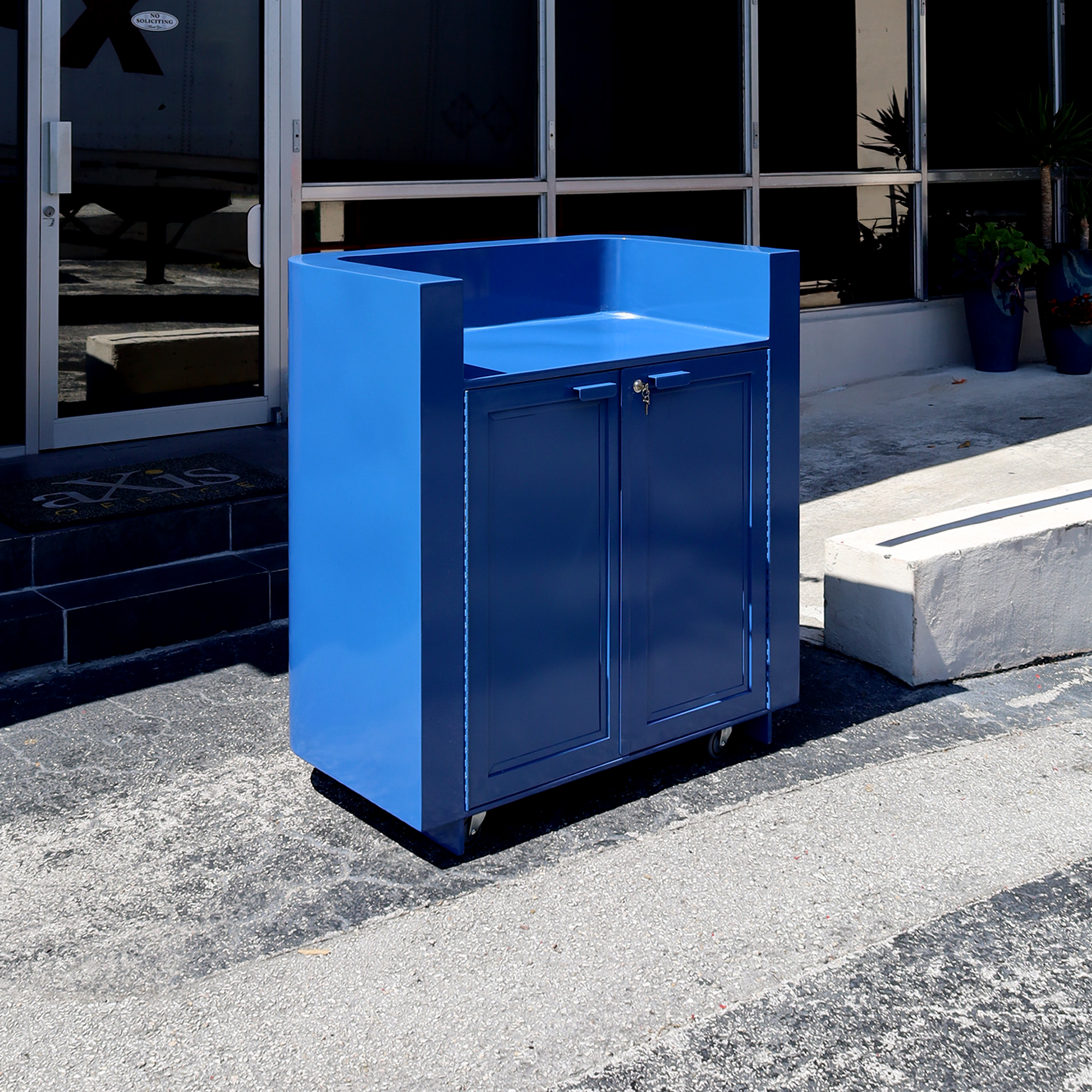 42-inch Valet Podium & Host Desk in Blue Metal Powder-Coated Finish.