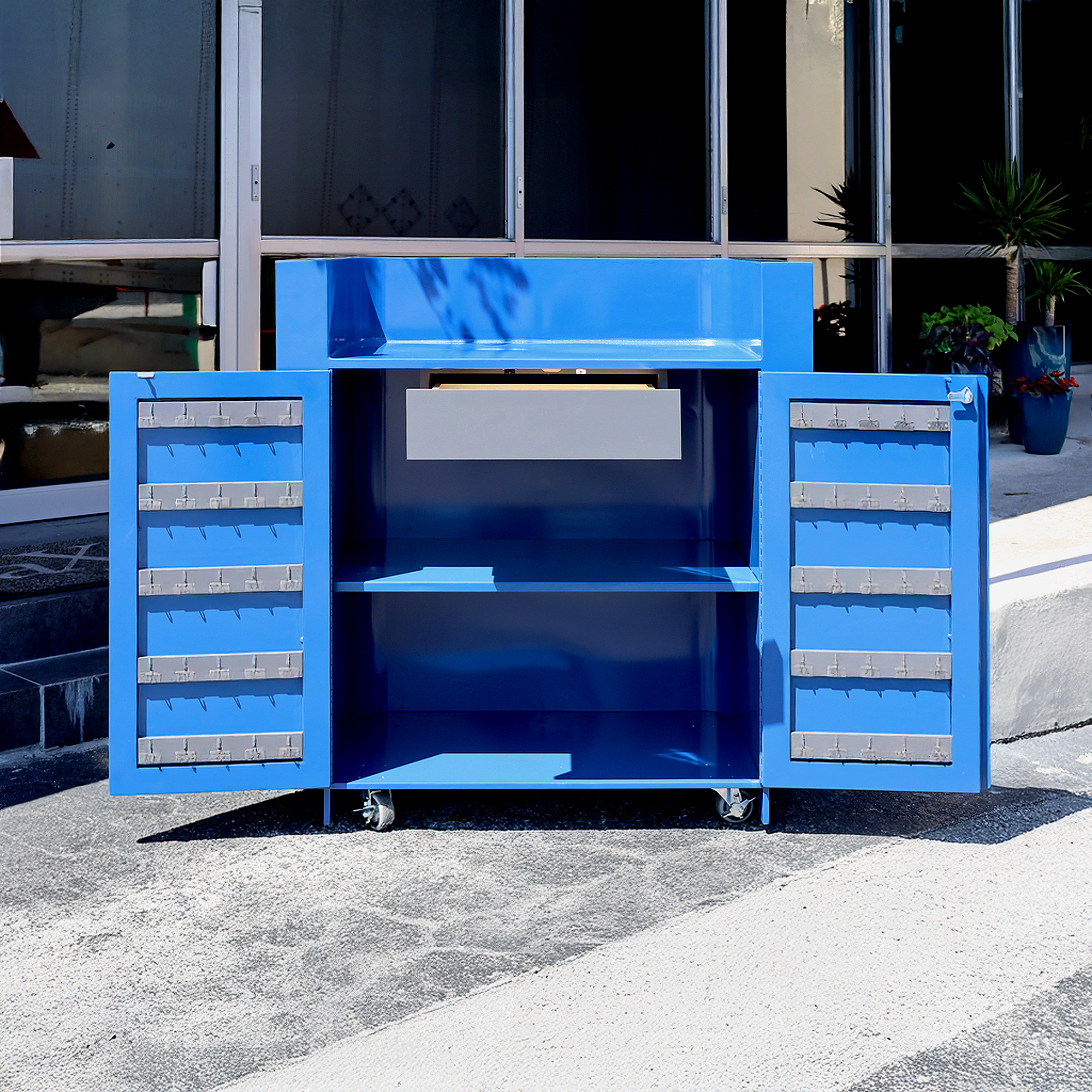 42-inch Valet Podium & Host Desk in Blue Metal Powder-Coated Finish.