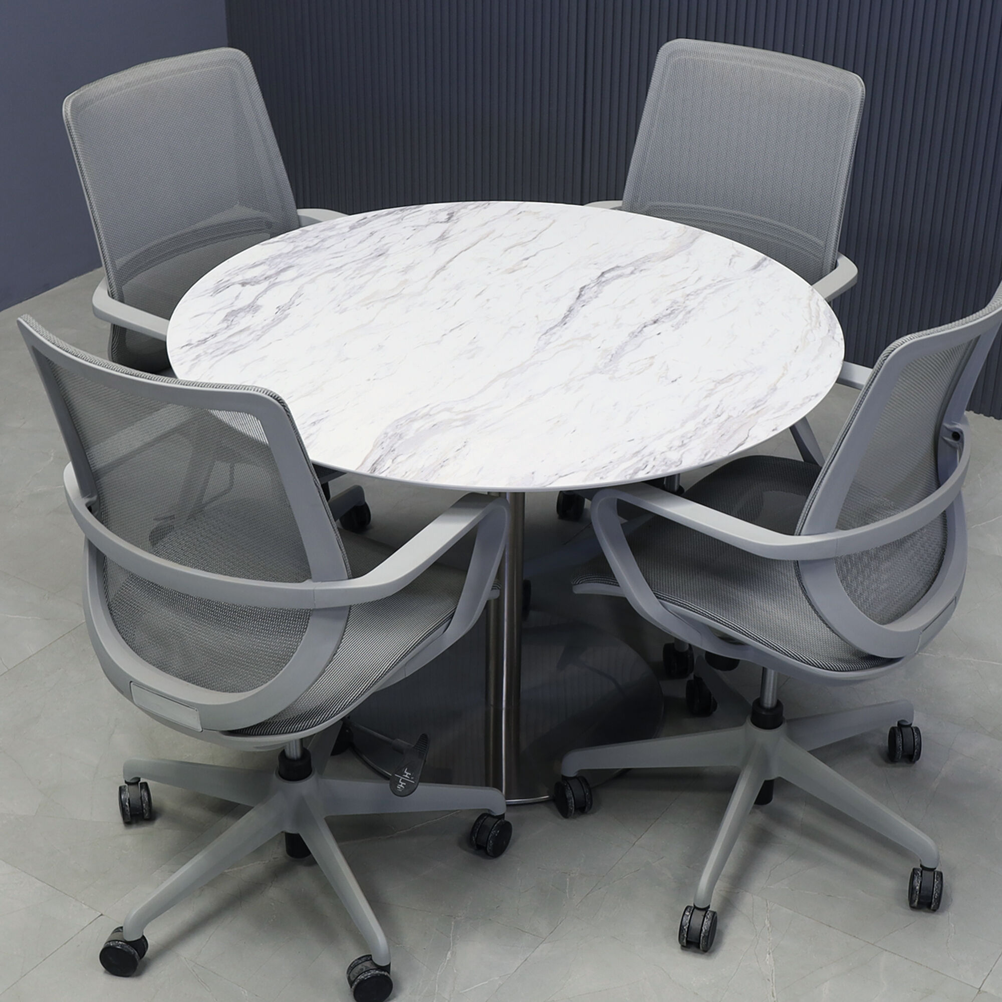 42-inch California Round Conference Table with 1/2-inch calcutta blanc engineered surface top and silver metal powder-coated base.