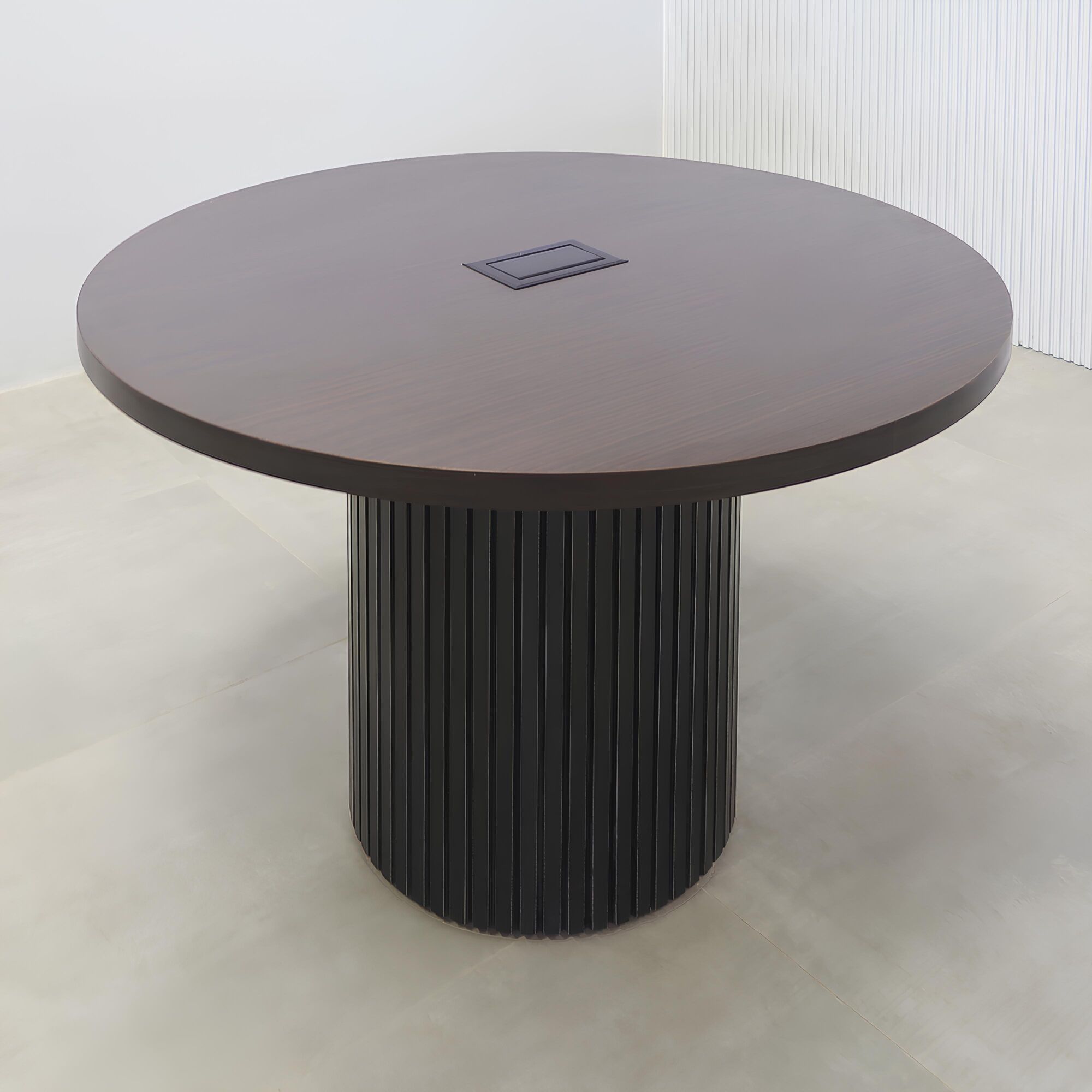 42-inch Newton Round Conference Table with X2 with ebony recon matte laminate top, black aluminum toe-kick, and Mx2 in black.