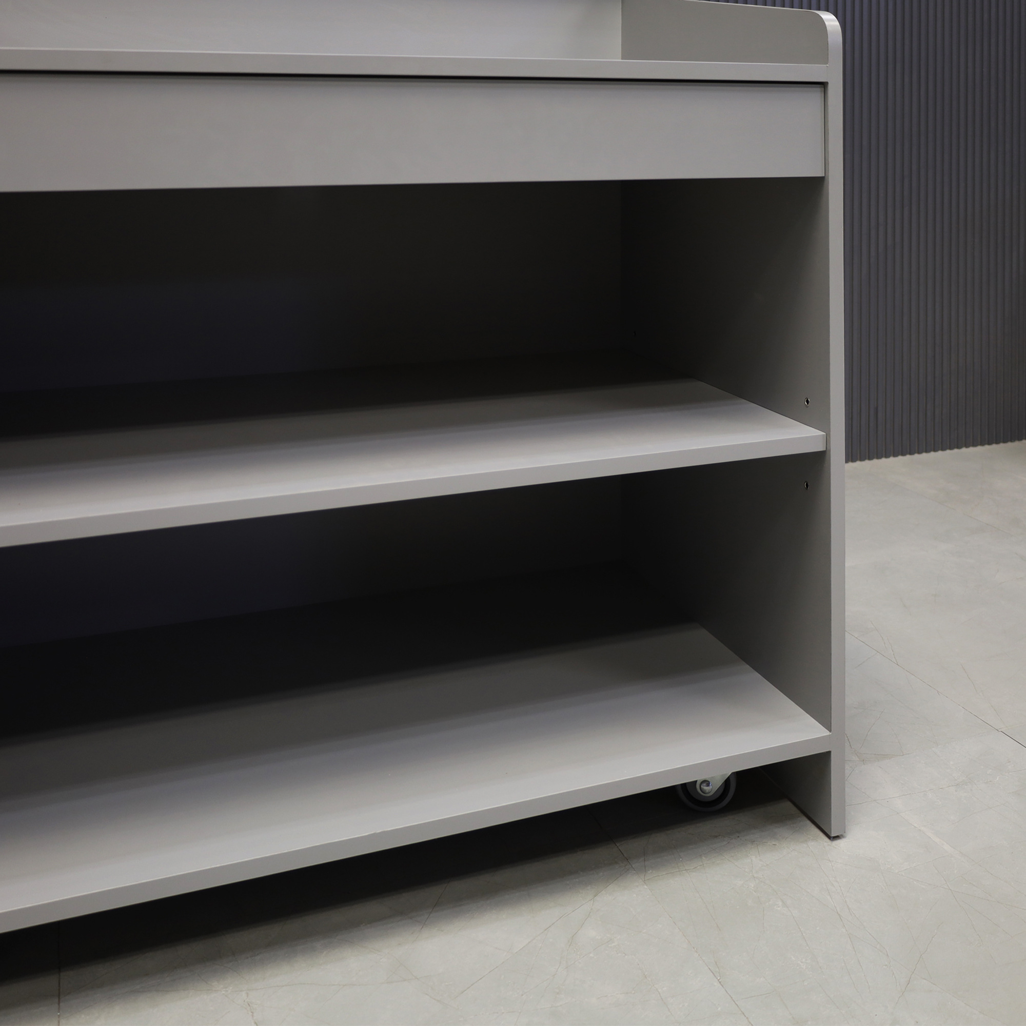 42-inch New Jersey Podium & Host Custom Reception Desk in fog gray matte laminate main desk and white acrylic front panels. Small drawer, adjustable shelf, and set of wheels.