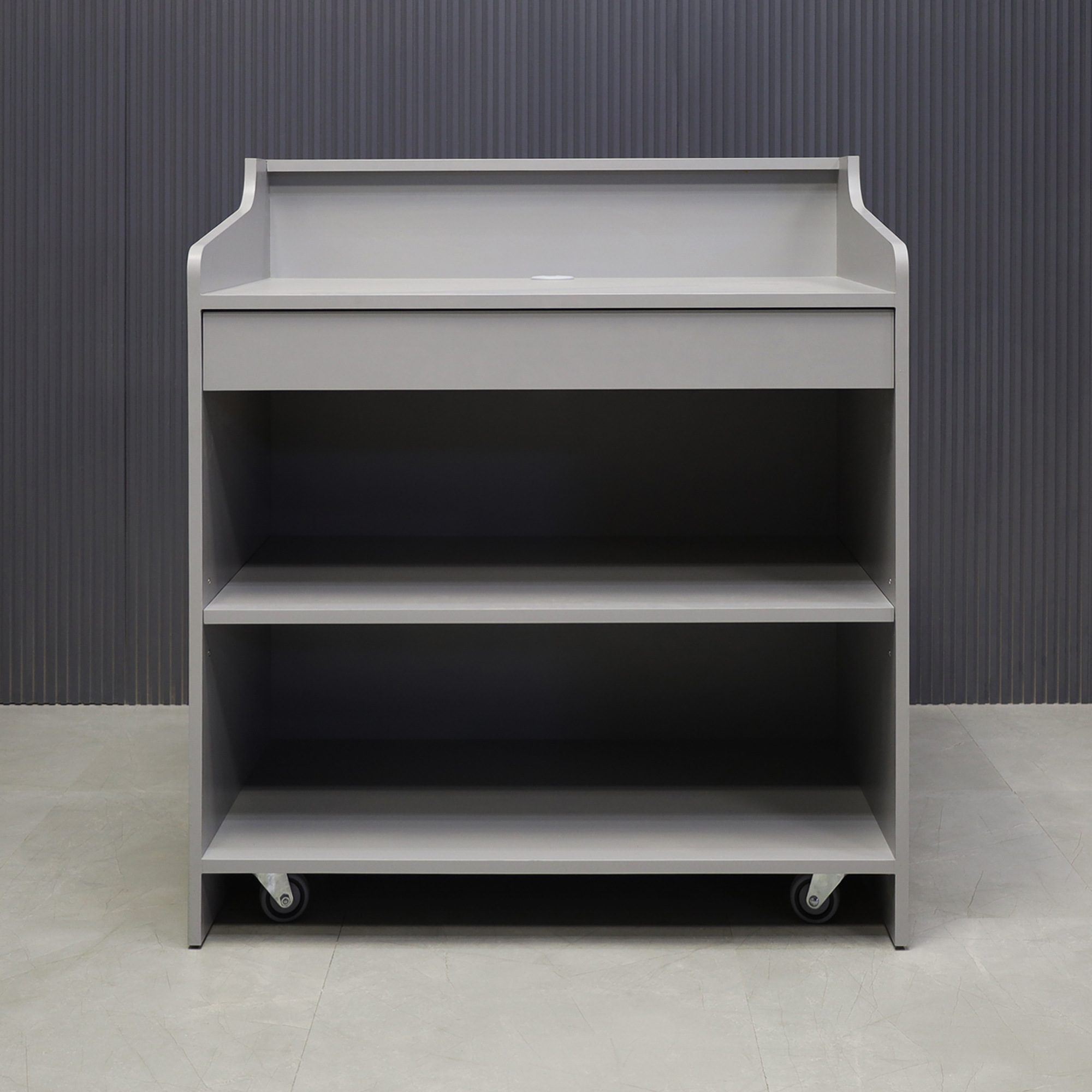 42-inch New Jersey Podium & Host Reception Desk in fog gray matte laminate main desk and white acrylic front panels.