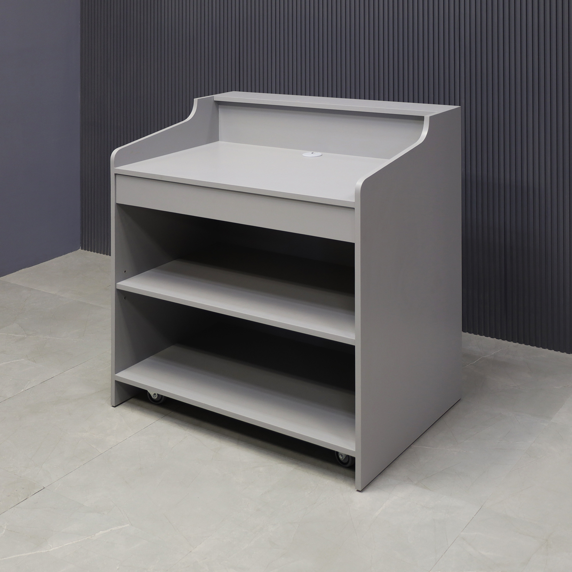 42-inch New Jersey Podium & Host Custom Reception Desk in fog gray matte laminate main desk and white acrylic front panels. Small drawer, adjustable shelf, and set of wheels.