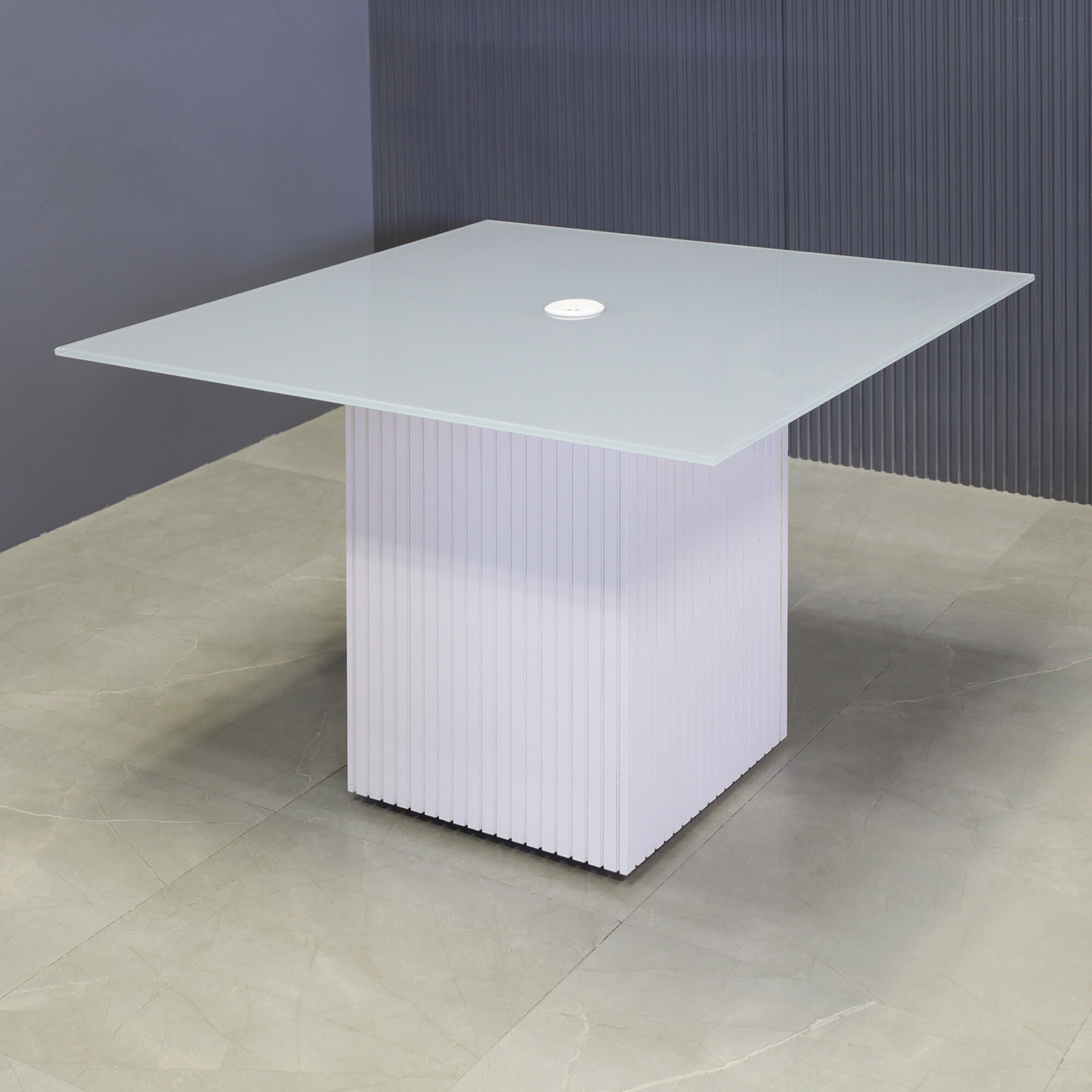 42-inch Omaha Square Conference Table in 1/2-inch light gray tempered glass top and white gloss tambour base, with white MX1 power box.
