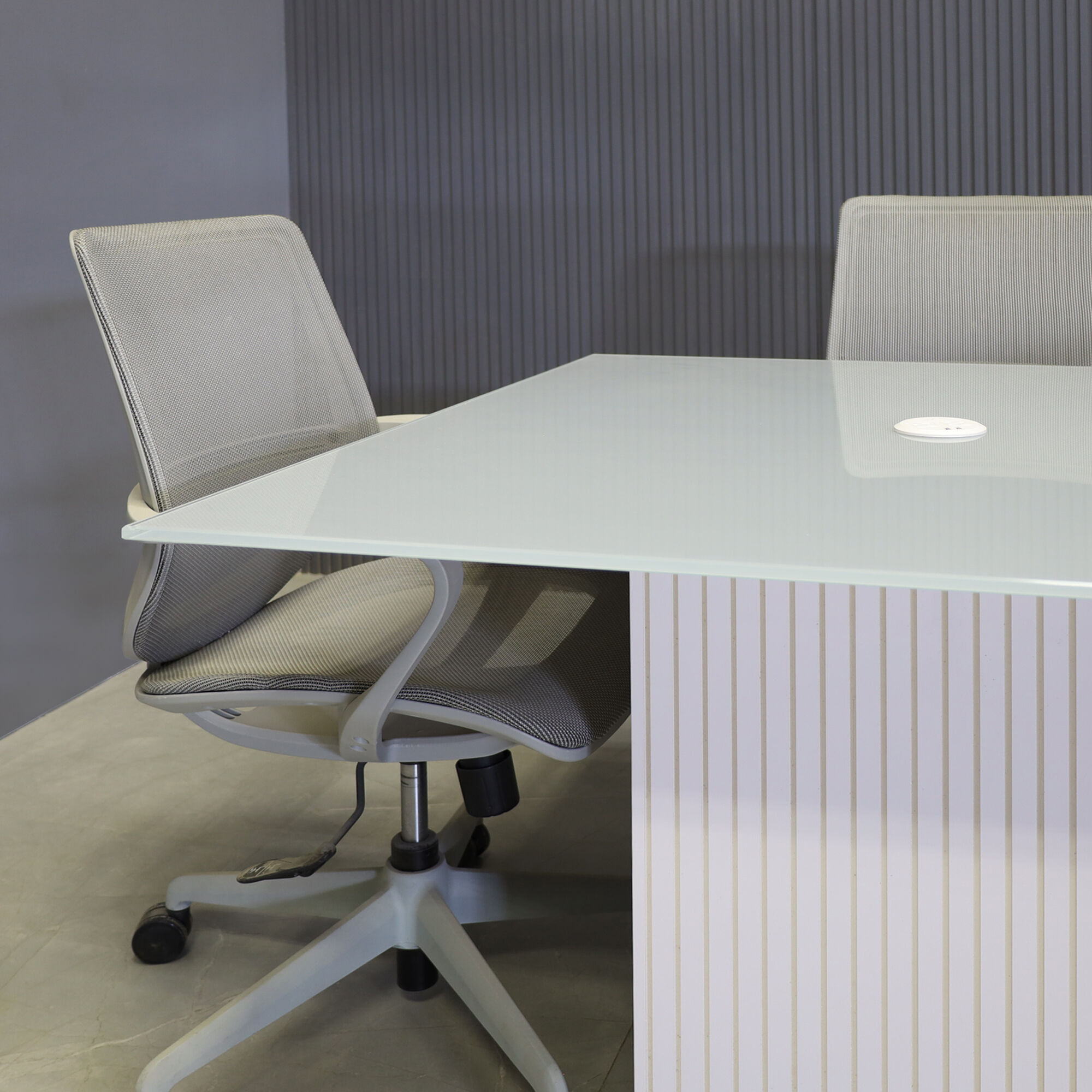 42-inch Omaha Square Conference Table in 1/2-inch light gray tempered glass top and white gloss tambour base, with white MX1 power box.
