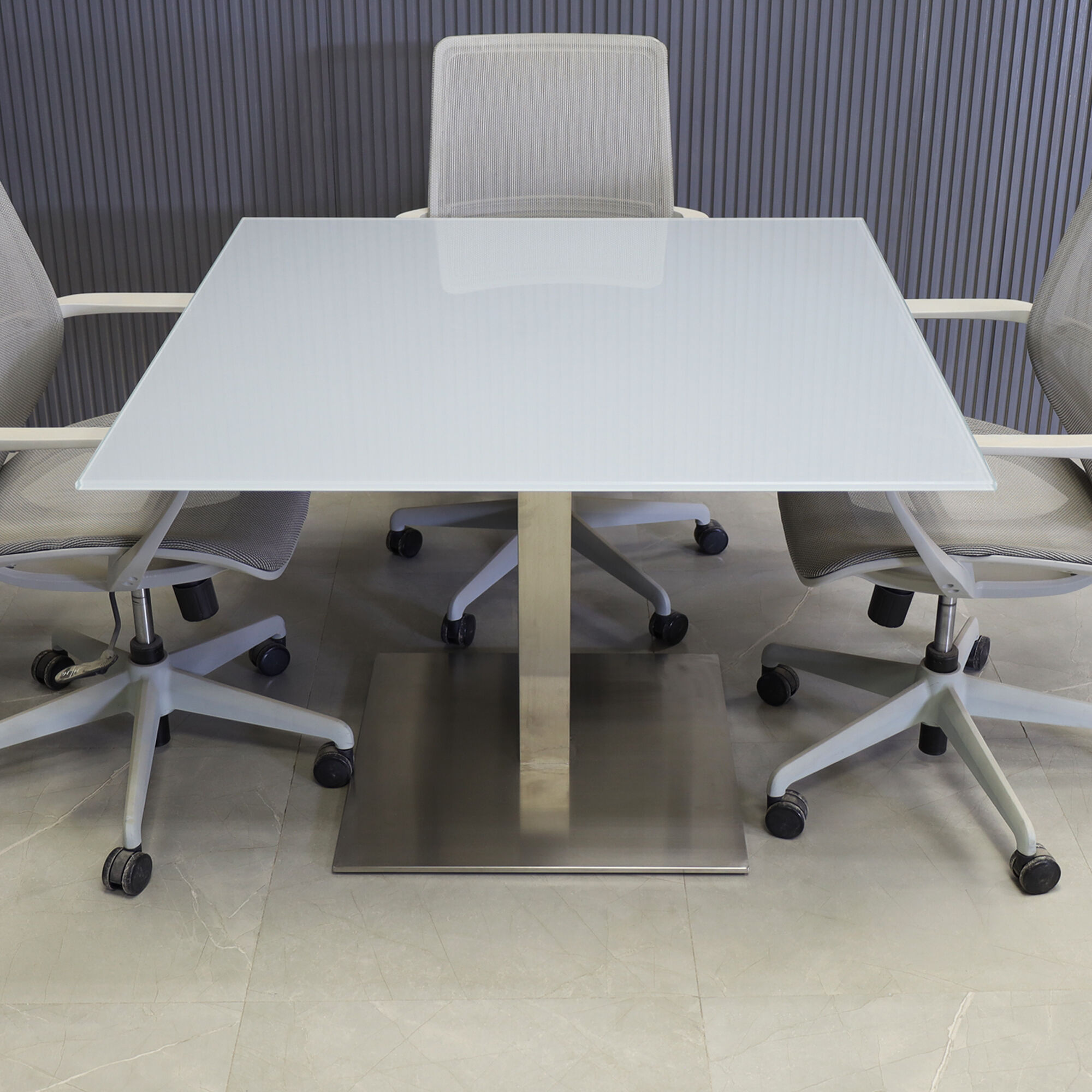 42-inch California Square Conference Table with 1/2-inch Light gray tempered glass top and silver metal powder-coated base.