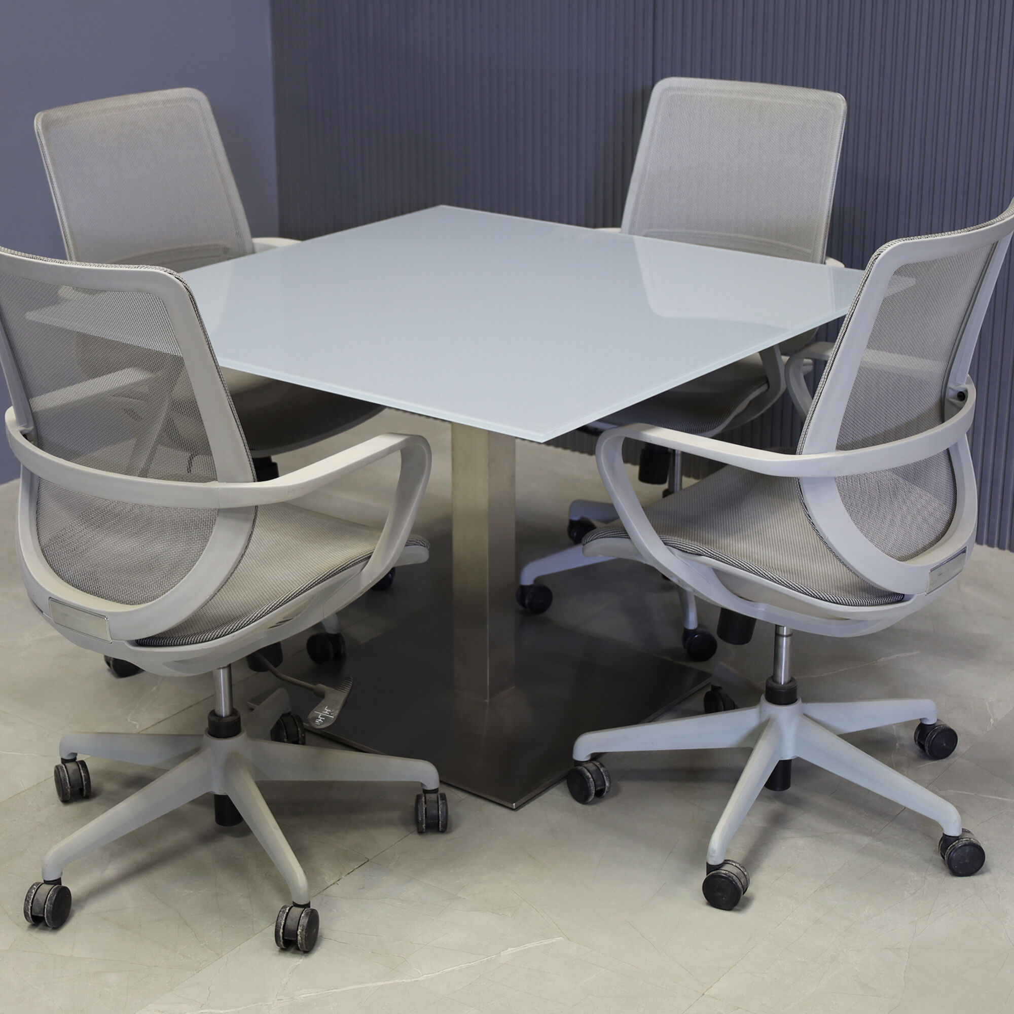42-inch California Square Conference Table with 1/2-inch Light gray tempered glass top and silver metal powder-coated base.