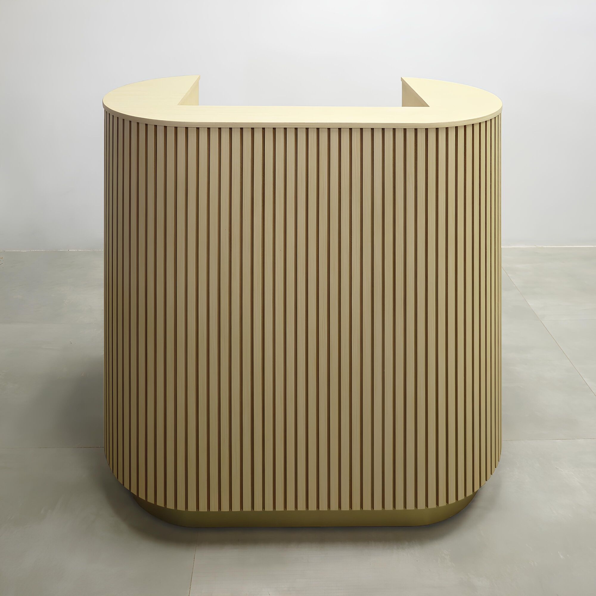 42-inch The Pill Reception Desk with Maple Wood Veneer top, Maple Wood Veneer Tambour front, Maple Wood Veneer workspace, and Gold Aluminum toe-kick.