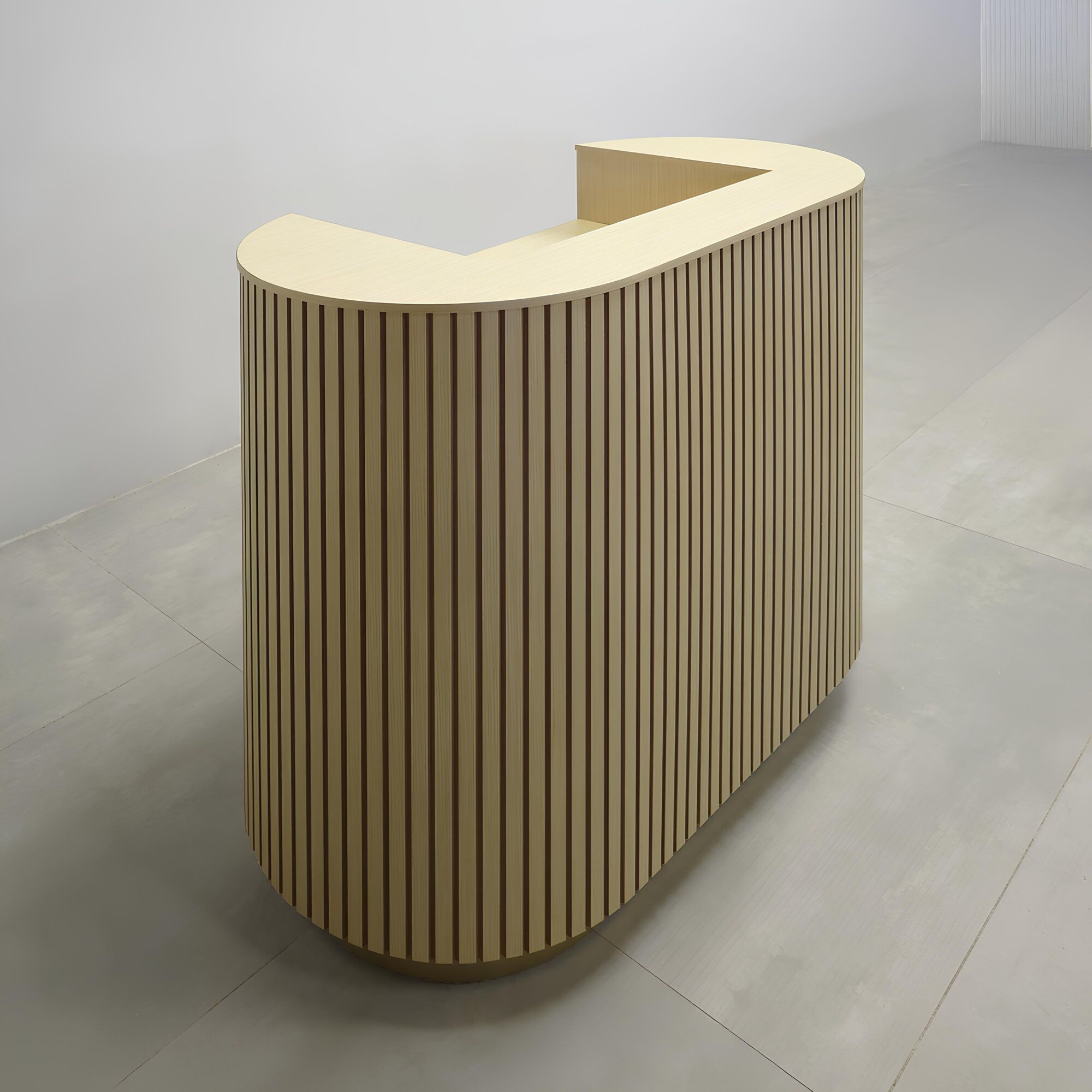 42-inch The Pill Reception Desk with Maple Wood Veneer top, Maple Wood Veneer Tambour front, Maple Wood Veneer workspace, and Gold Aluminum toe-kick.
