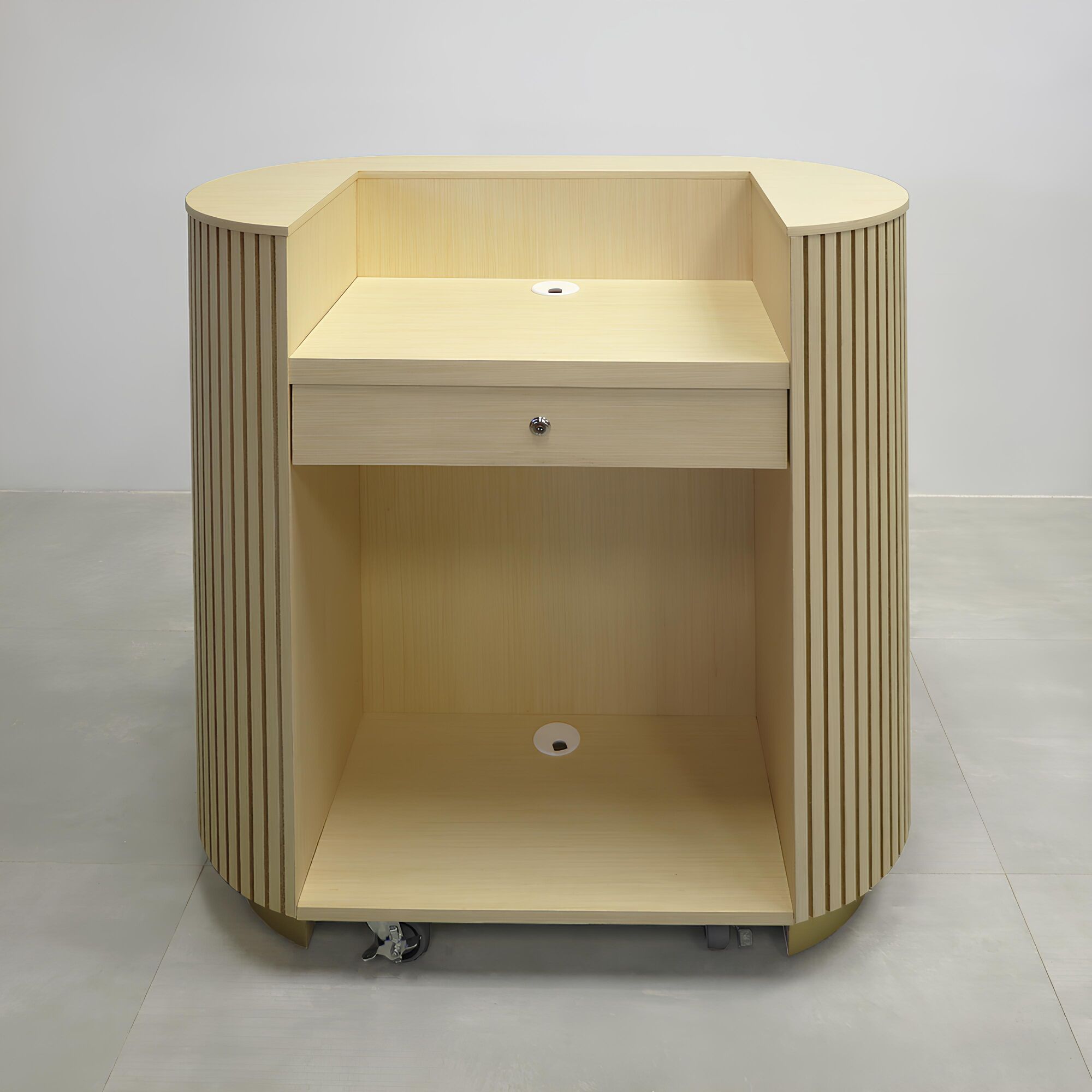 42-inch The Pill Reception Desk with Maple Wood Veneer top, Maple Wood Veneer Tambour front, Maple Wood Veneer workspace, and Gold Aluminum toe-kick.