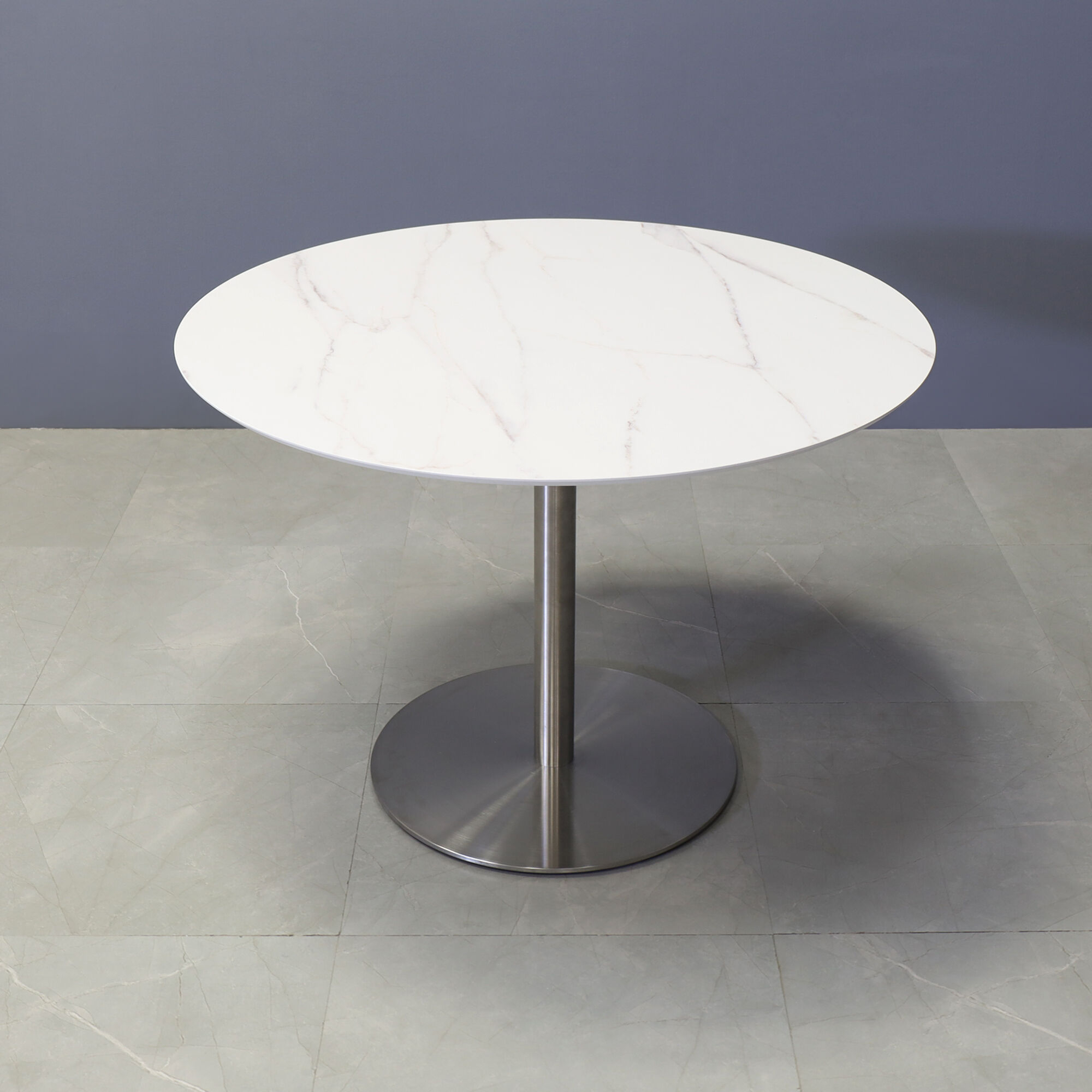 42-inch California Round Cafeteria Table in 1/2-inch solenne marble engineered surface top and stainless steel base.