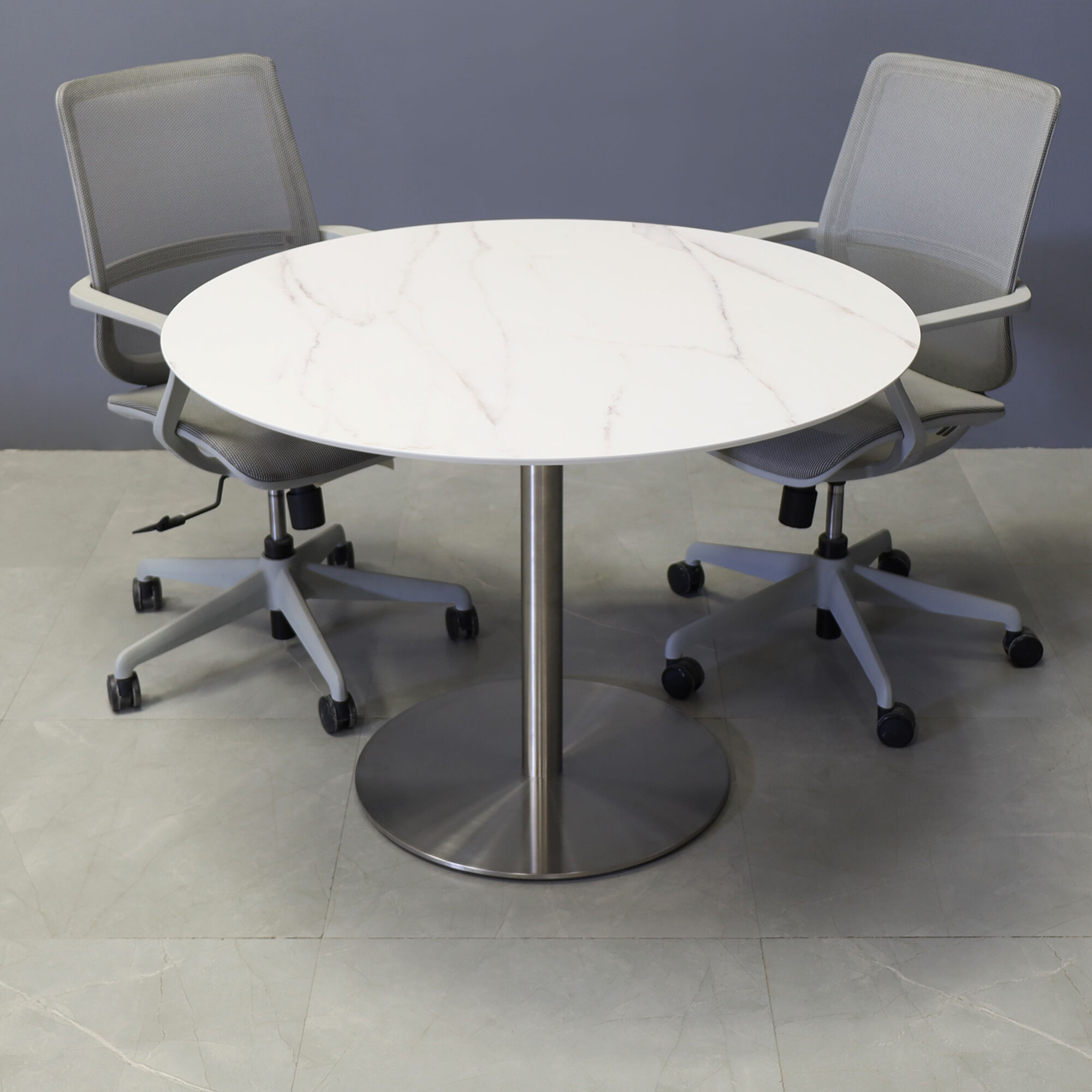 42-inch California Round Cafeteria Table in 1/2-inch solenne marble engineered surface top and stainless steel base.
