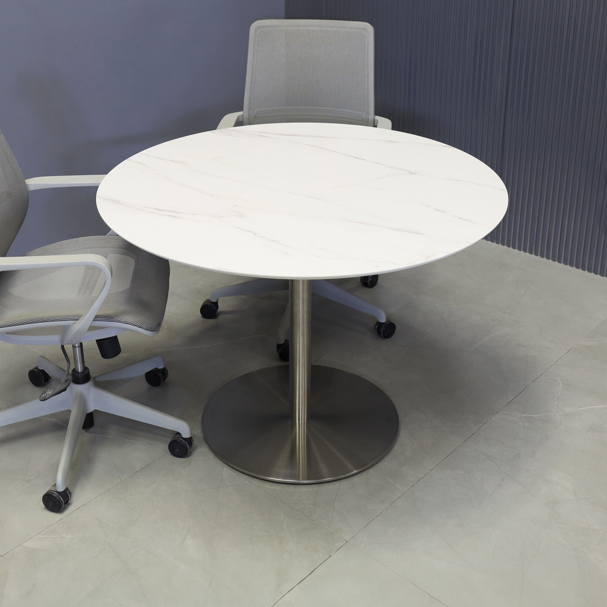 42-inch California Round Cafeteria Table in 1/2-inch solenne marble engineered surface top and stainless steel base.