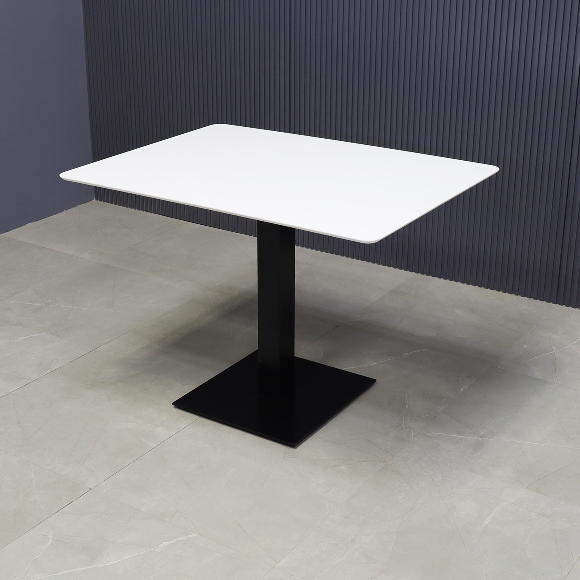 42-inch California Rectangular Conference/Meeting Table in white solid engineered stone top and black brushed stainless base shown here.