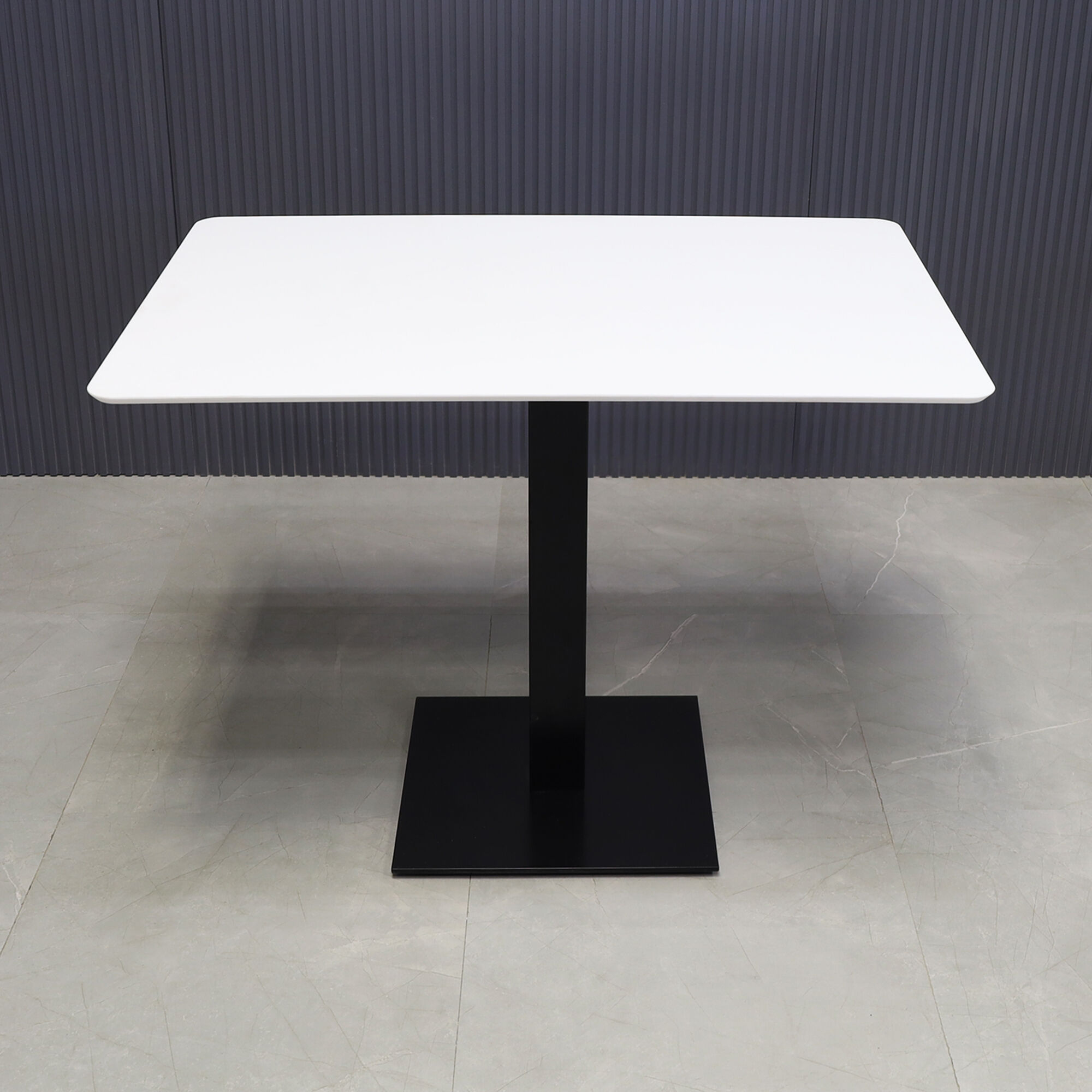 42-inch California Rectangular Cafeteria Table in white solid engineered surface top, and metal powder coated black base.