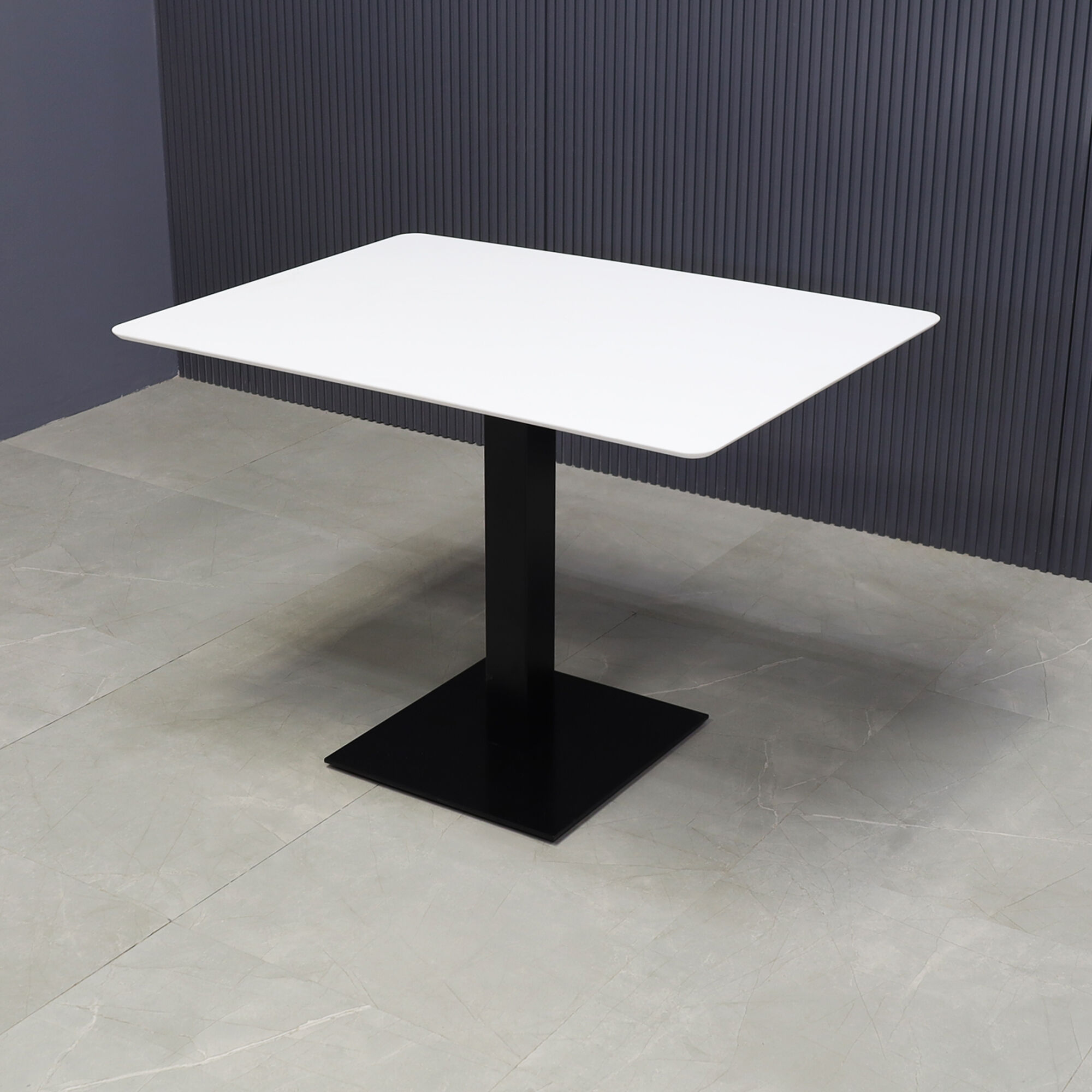 42-inch California Rectangular Cafeteria Table in white solid engineered surface top, and metal powder coated black base.