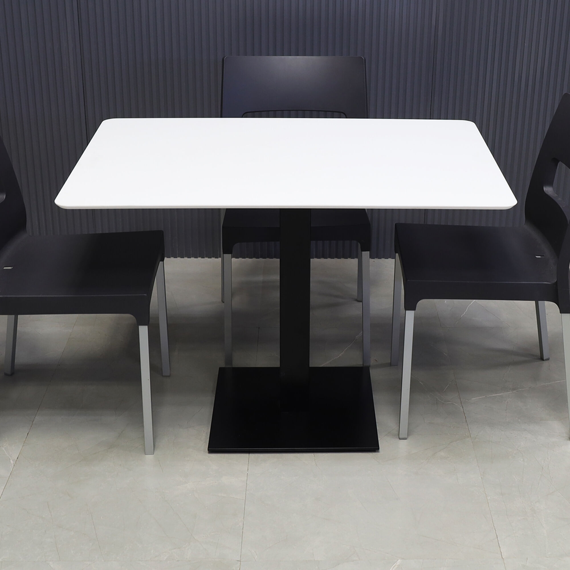 42-inch California Rectangular Cafeteria Table in white solid engineered surface top, and metal powder coated black base.