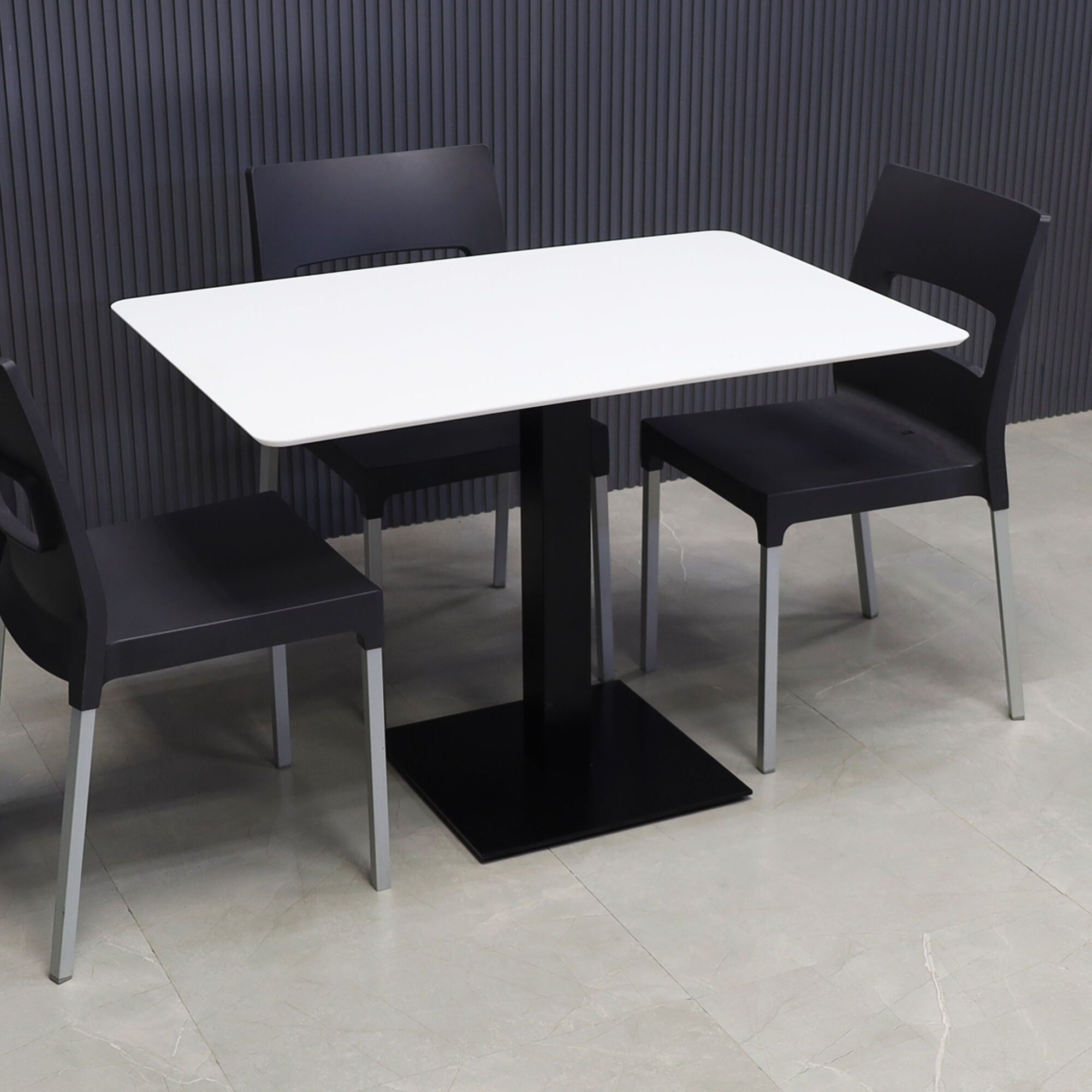 42-inch California Rectangular Cafeteria Table in white solid engineered surface top, and metal powder coated black base.