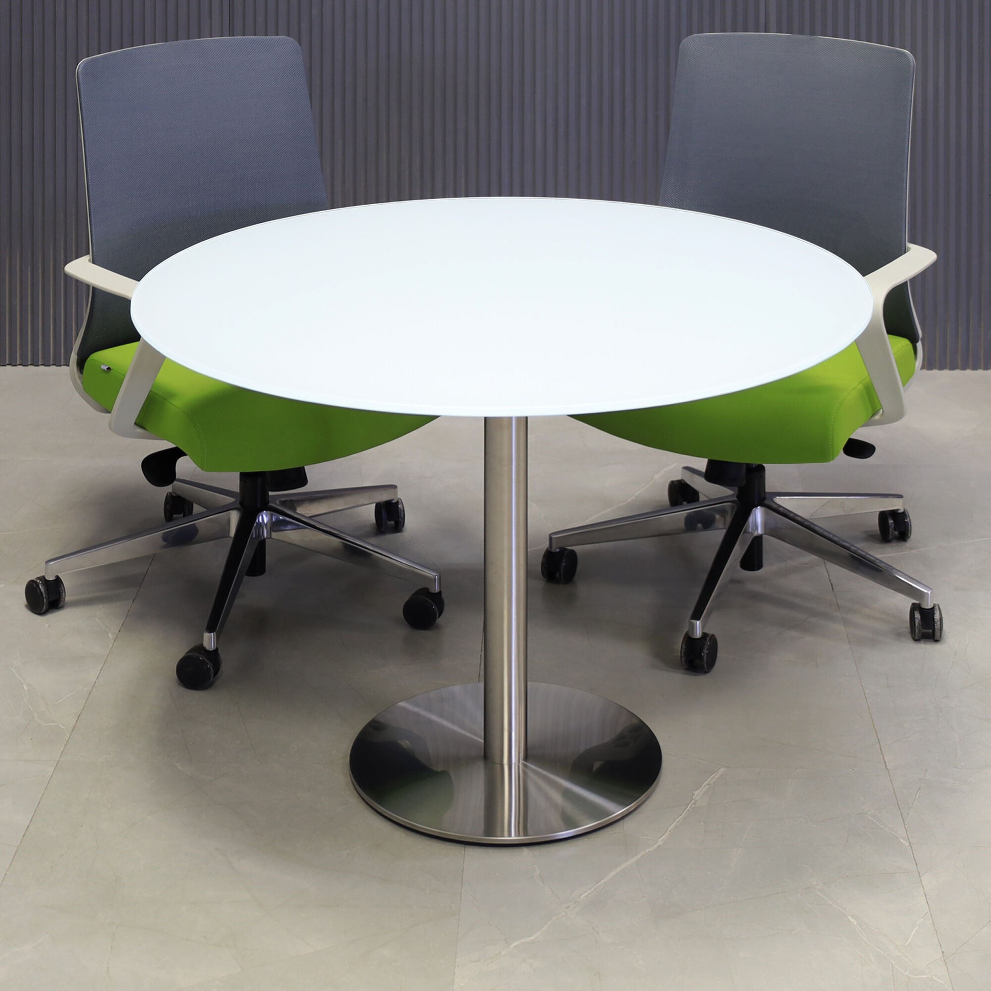 42-inch California Round Conference Table with 1/2-inch white tempered glass top and silver metal powder-coated base.