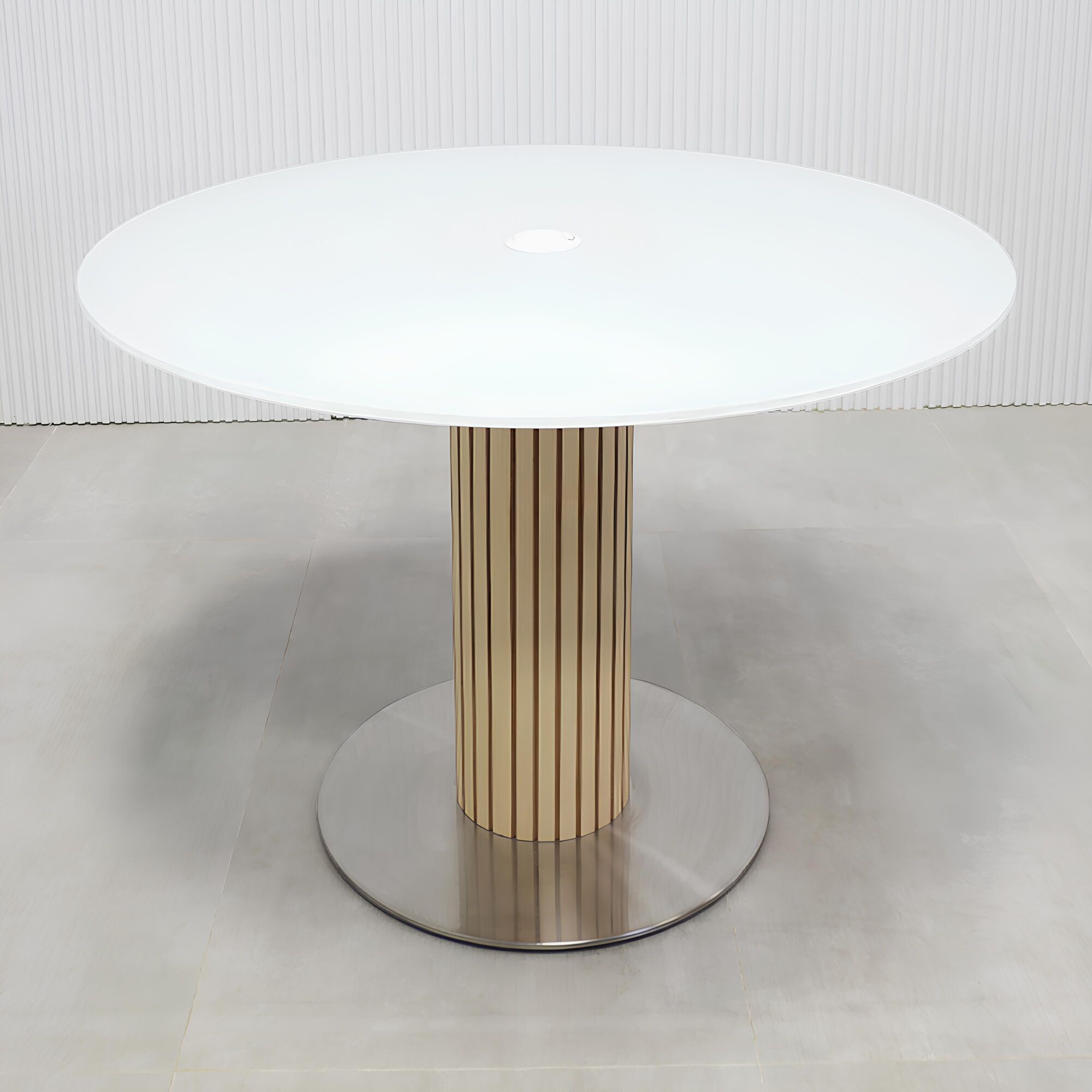 40-inch Omaha Round Conference Table with white tempered glass top, maple tambour pedestal base, and silver powder-coated metal base.