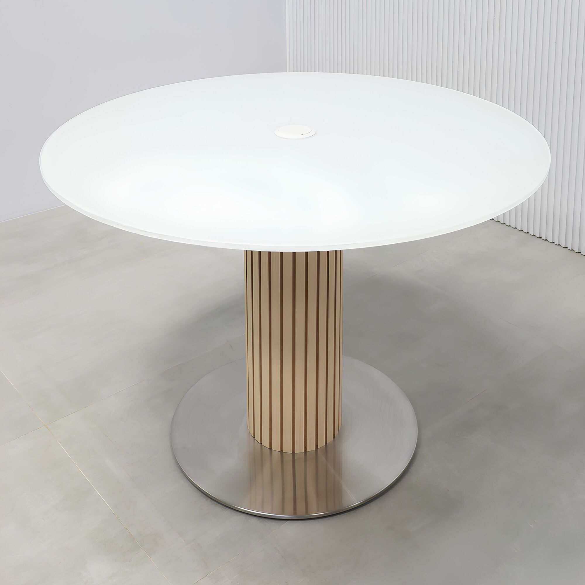 40-inch Omaha Round Conference Table with white tempered glass top, maple tambour pedestal base, and silver powder-coated metal base.