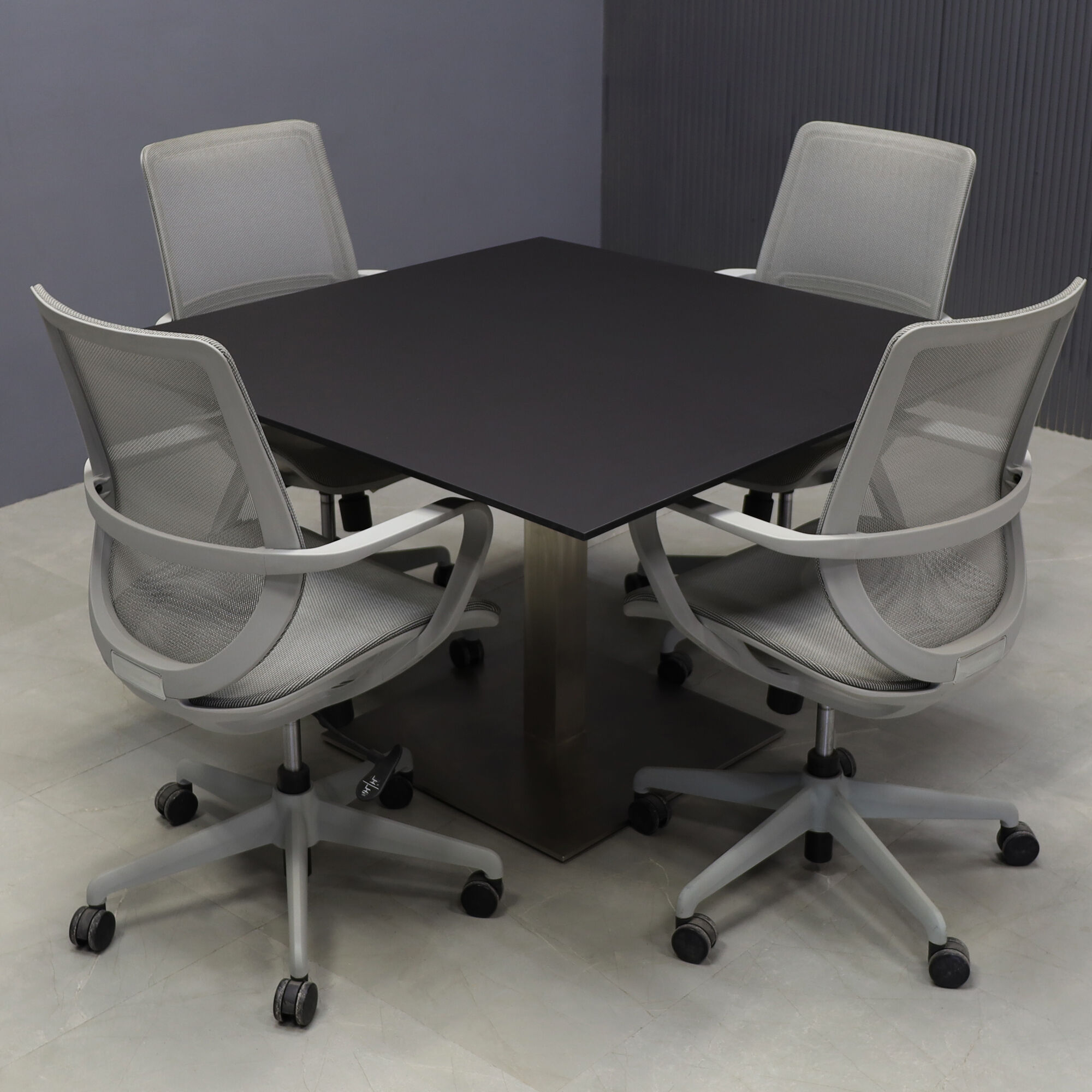 46-inch California Square Conference Table with 1/2-inch Black traceless engineered surface top and silver metal powder-coated base.