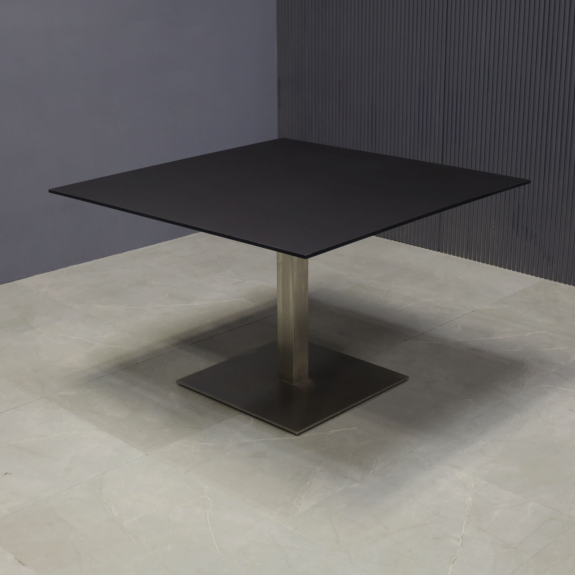 46-inch California Square Conference Table with 1/2-inch Black traceless engineered surface top and silver metal powder-coated base.