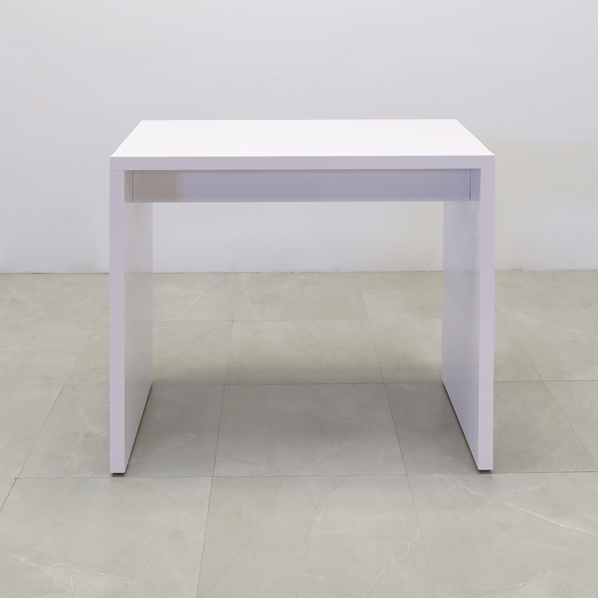 Ahville Laminate Bar Table in white matte laminate finish shown here.