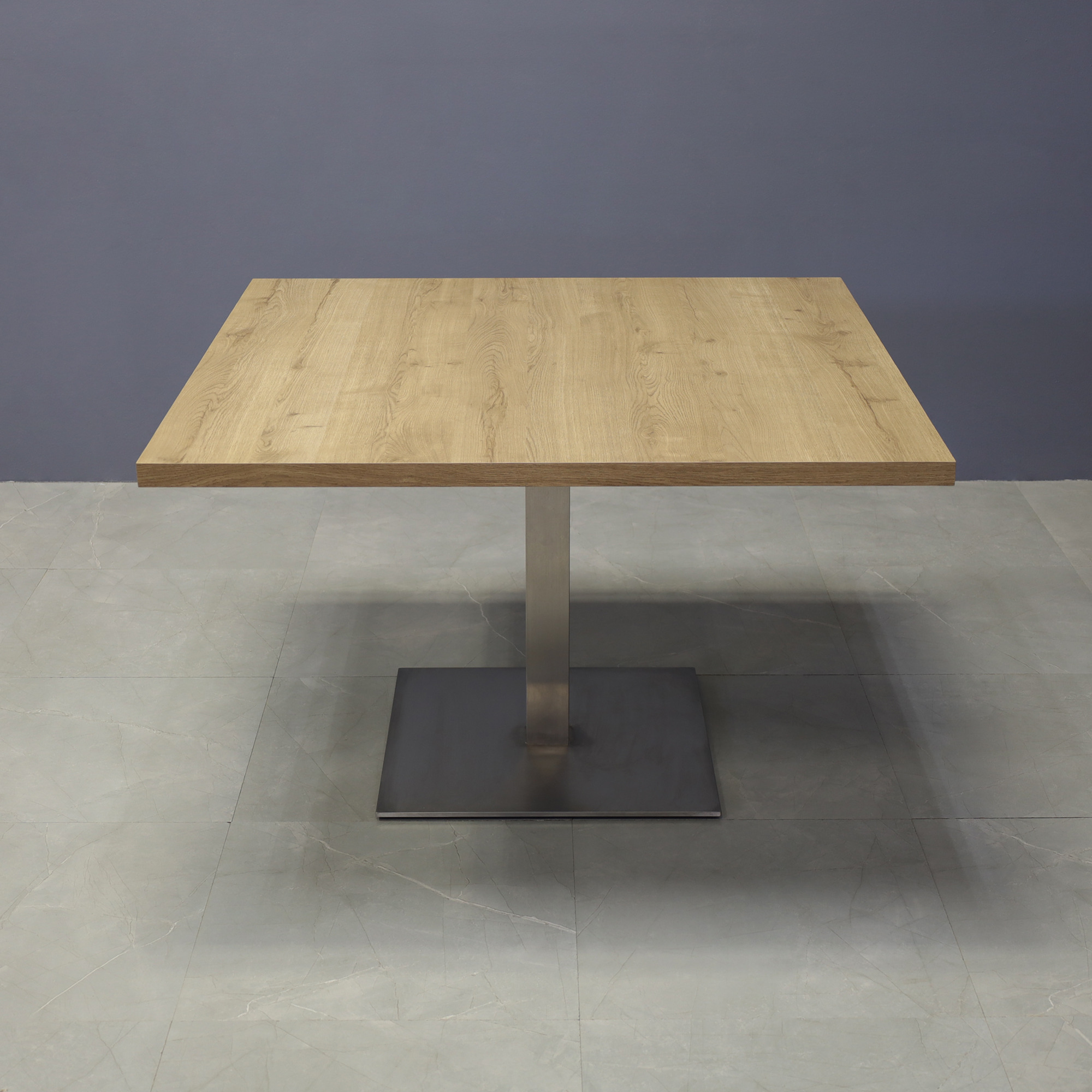 48-inch Newton Square Conference Table with X1 Base in uptown walnut matte laminate and silver metal powder-coated base.