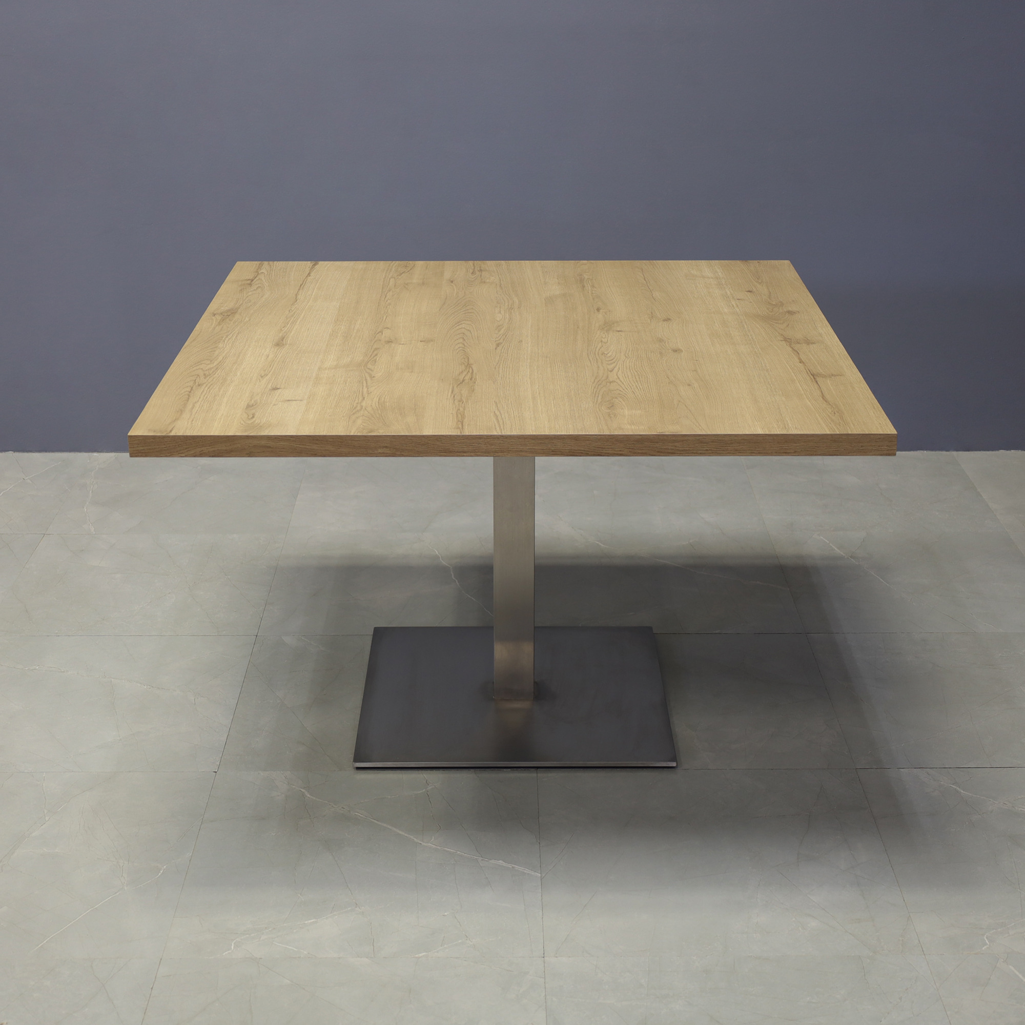 48-inch California Square Conference Table with Laminate Top in uptown walnut matte and aluminum stainless steel base, shown here.