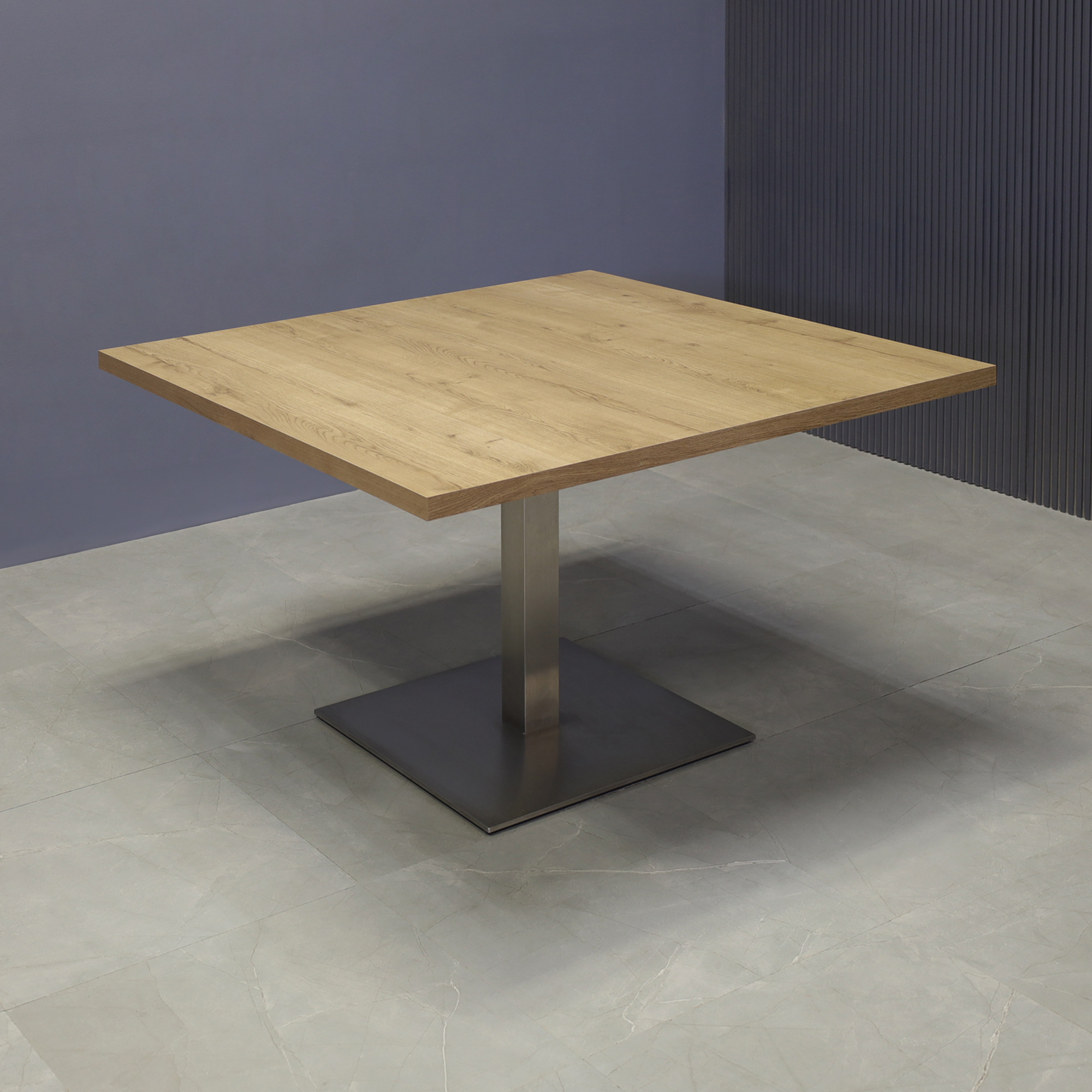 48-inch Newton Square Conference Table with X1 Base in uptown walnut matte laminate and silver metal powder-coated base.