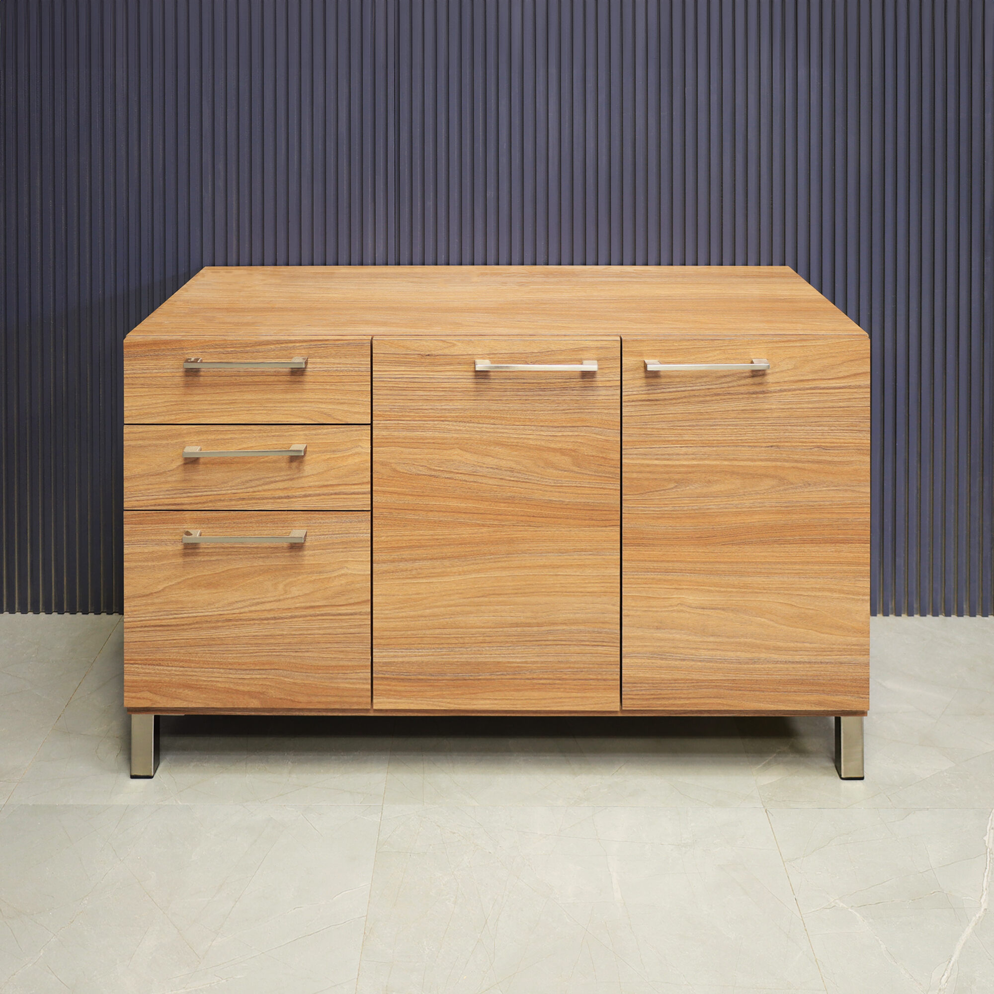 47-inch Naples Custom Storage Credenza in uptown walnut matte laminate credenza, front drawers & doors and brushed stainless steel legs and handles.