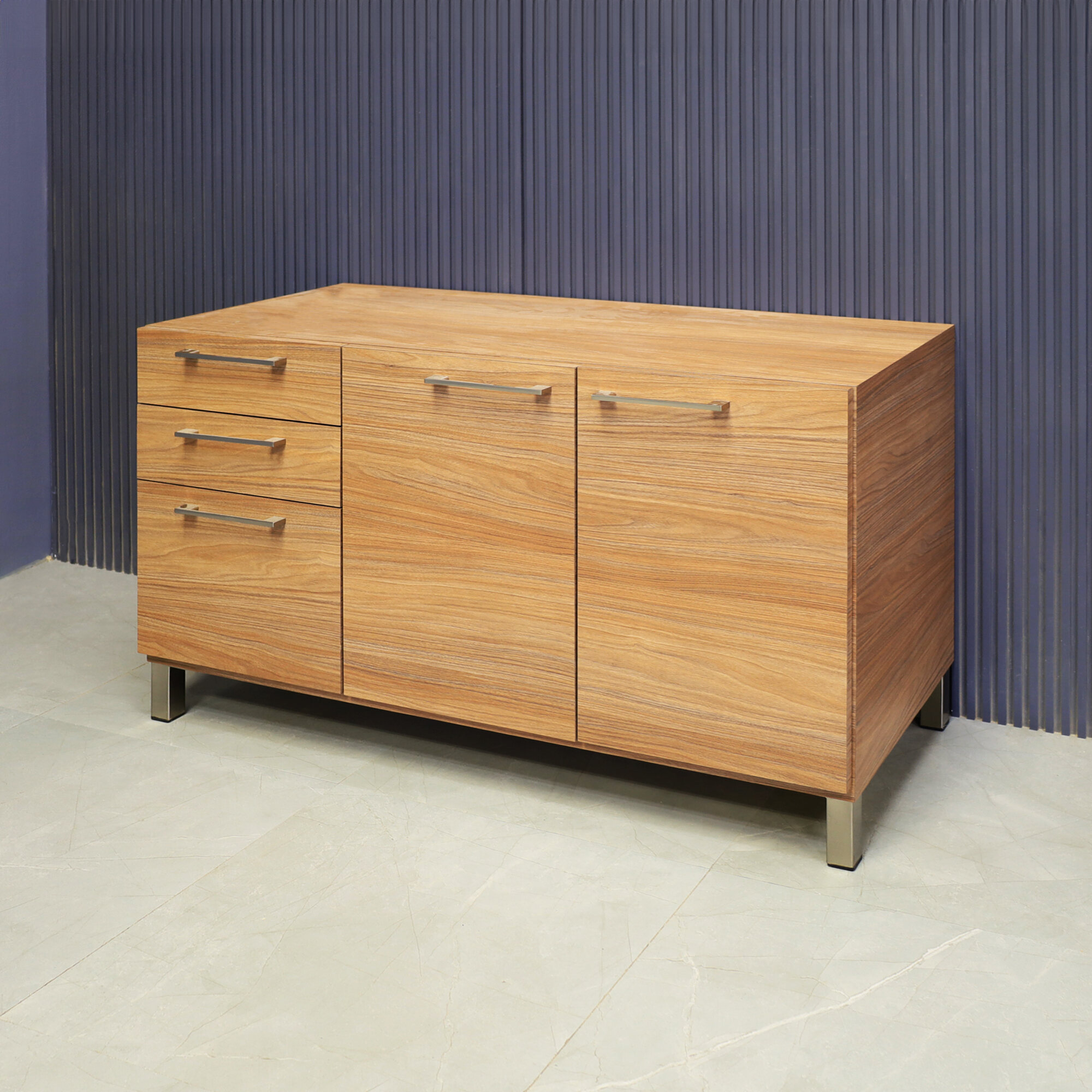47-inch Naples Custom Storage Credenza in uptown walnut matte laminate credenza, front drawers & doors and brushed stainless steel legs and handles, shown here.