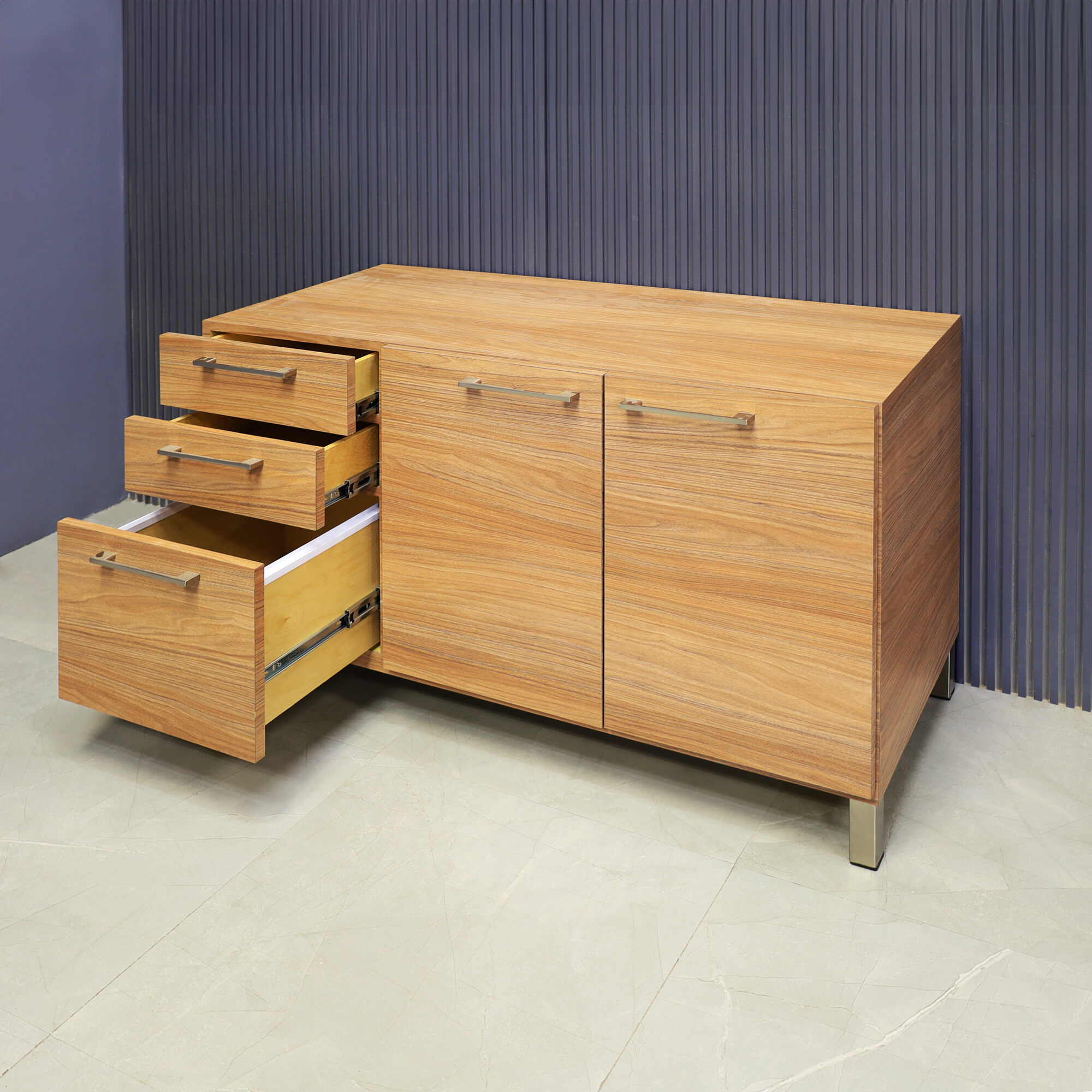 47-inch Naples Custom Storage Credenza in uptown walnut matte laminate credenza, front drawers & doors and brushed stainless steel legs and handles, shown here.